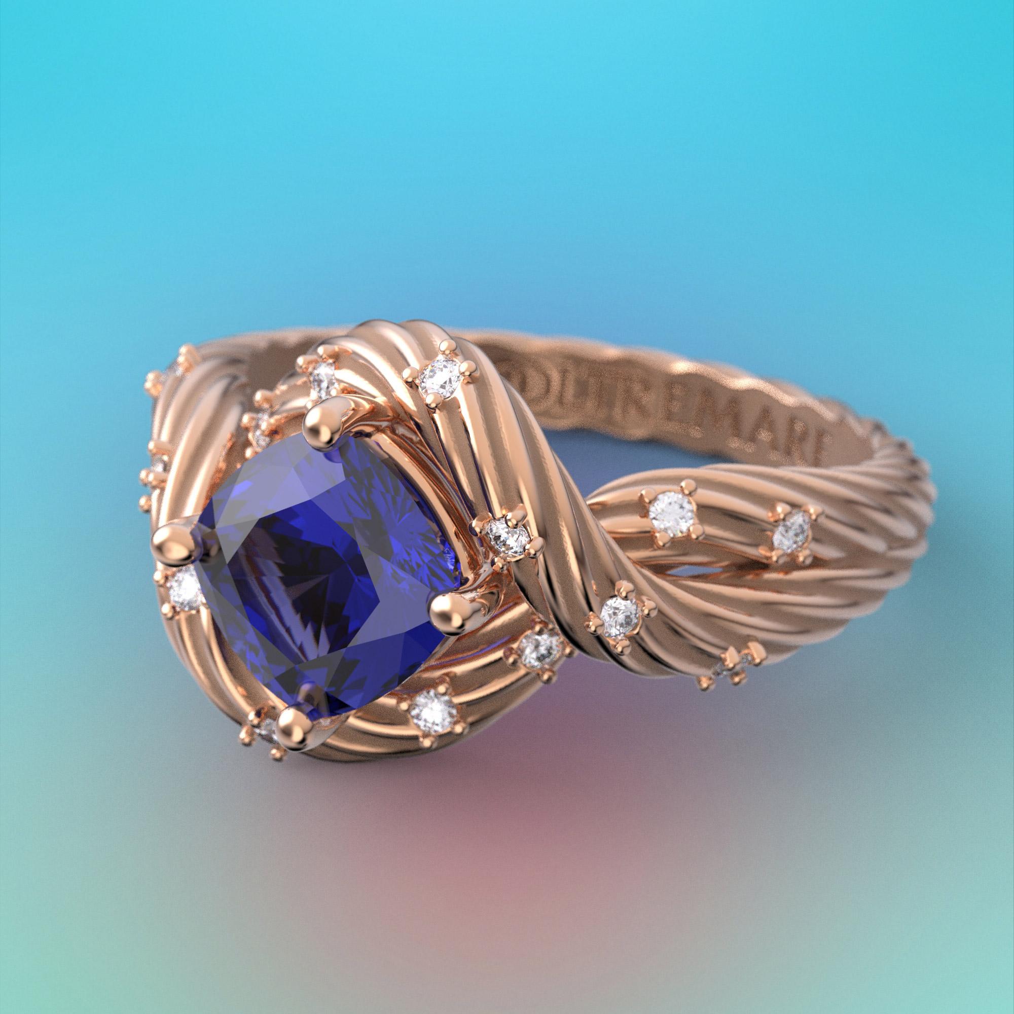 En vente :  Bague en tanzanite et diamants en or massif 14 carats, bijouterie d'art italienne, fabriquée sur commande. 15