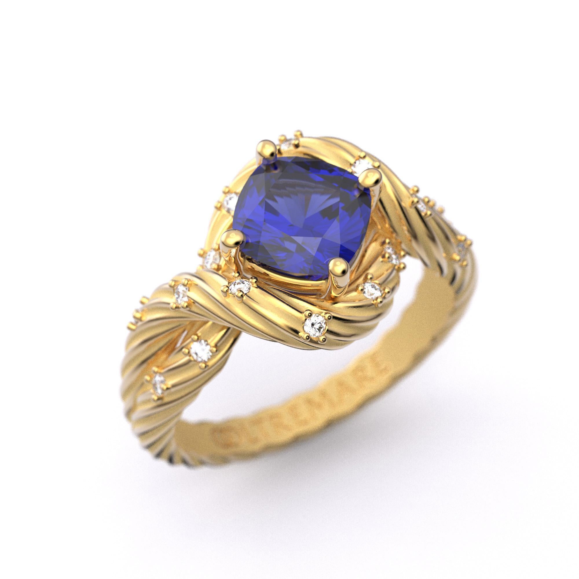 Im Angebot: Tansanit und Diamanten Ring aus massivem Gold 14k, italienischer feiner Schmuck, auf Bestellung gefertigt. () 2
