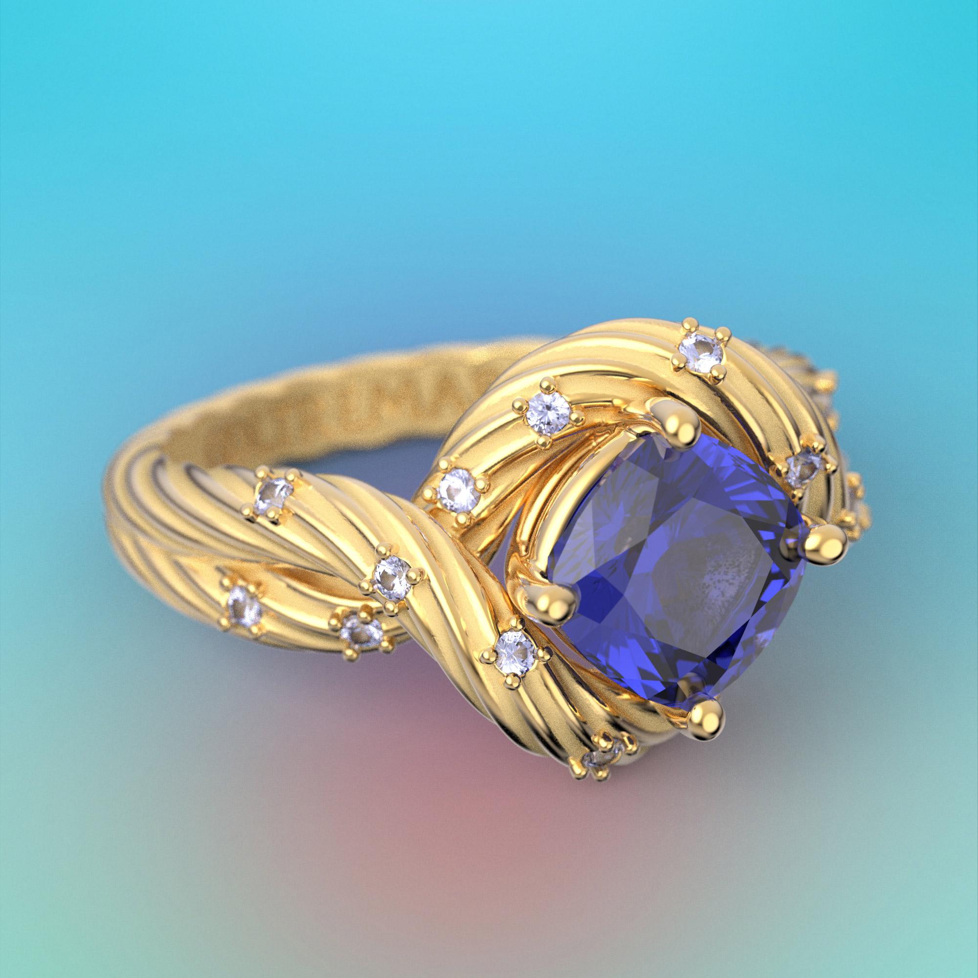 Im Angebot: Tansanit und Diamanten Ring aus massivem Gold 14k, italienischer feiner Schmuck, auf Bestellung gefertigt. () 6