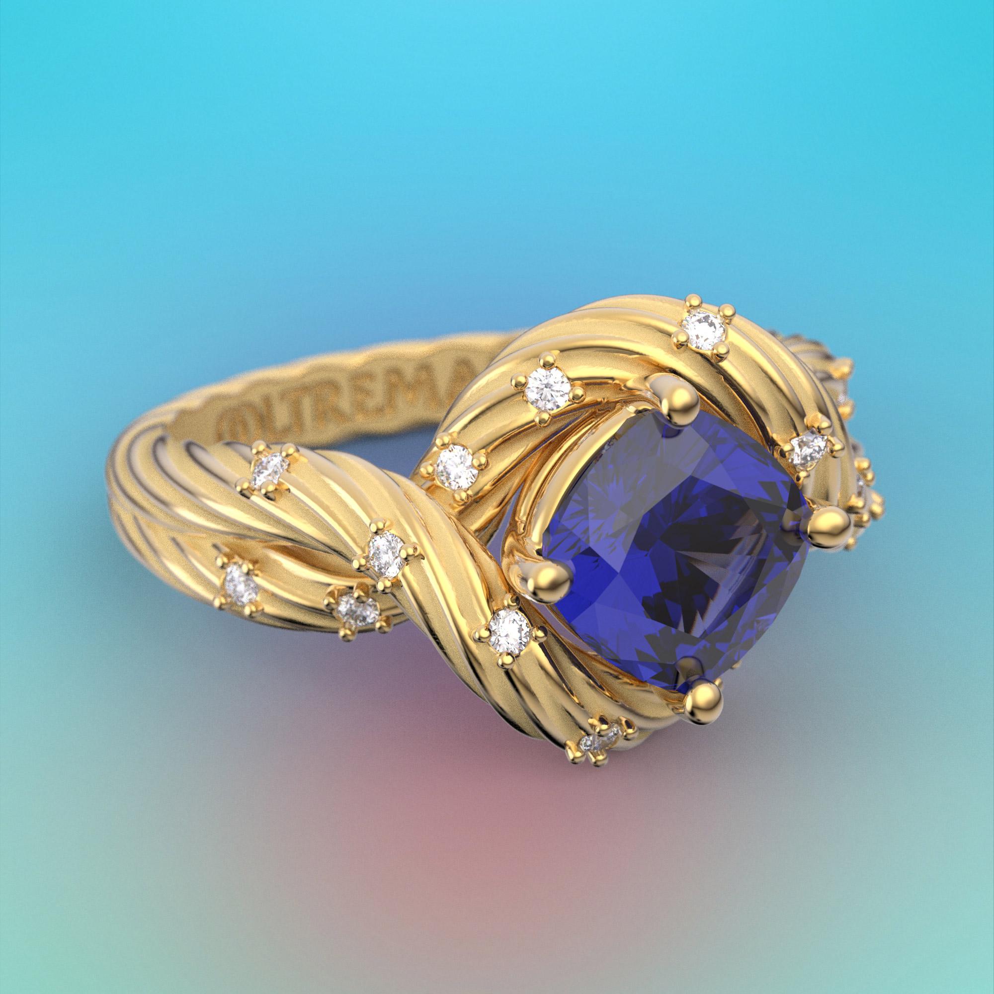Im Angebot: Tansanit und Diamanten Ring aus massivem Gold 14k, italienischer feiner Schmuck, auf Bestellung gefertigt. () 7