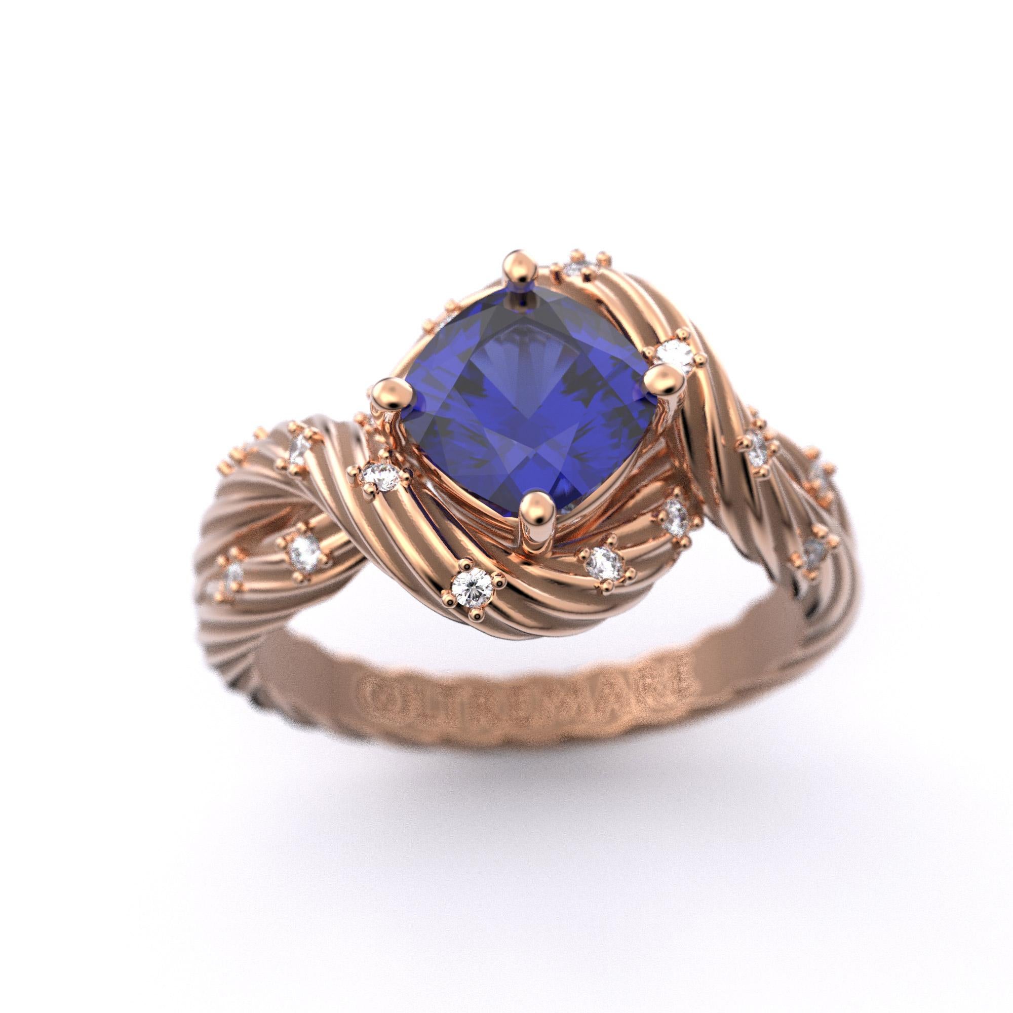 Im Angebot: Tansanit und Diamanten Ring aus massivem Gold 14k, italienischer feiner Schmuck, auf Bestellung gefertigt. () 8