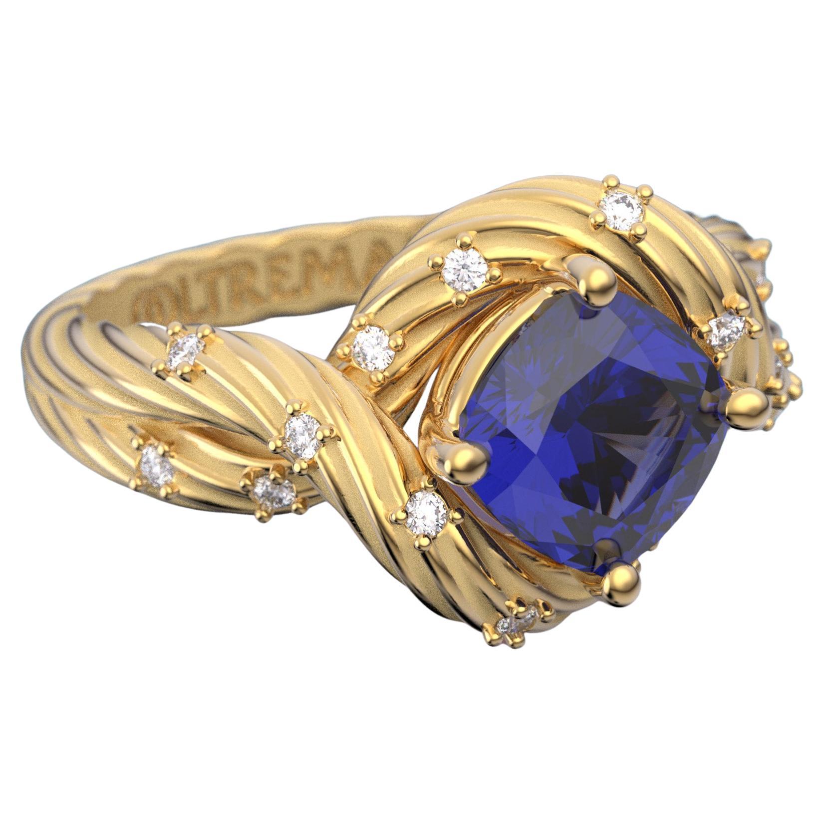Im Angebot: Tansanit und Diamanten Ring aus massivem Gold 14k, italienischer feiner Schmuck, auf Bestellung gefertigt. ()