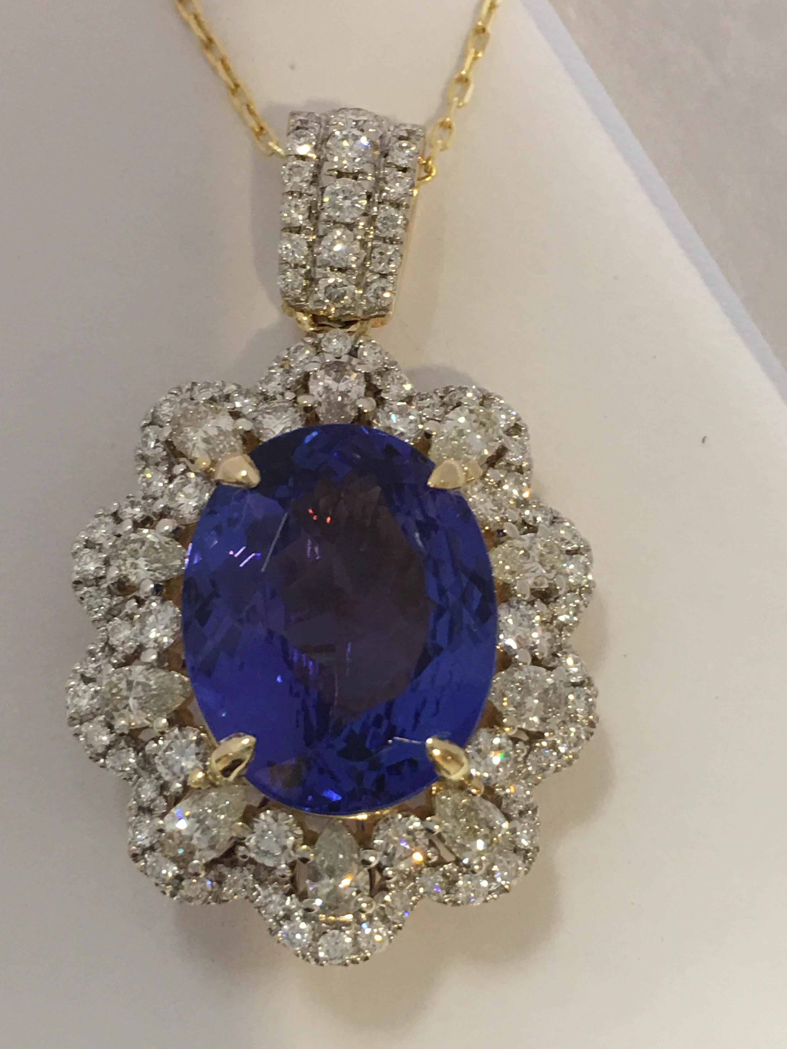Natural AAA Quality 6.80 Carat Tanzanite and 1.58 Carat white Diamonds Set In 18K Yellow Gold with 18