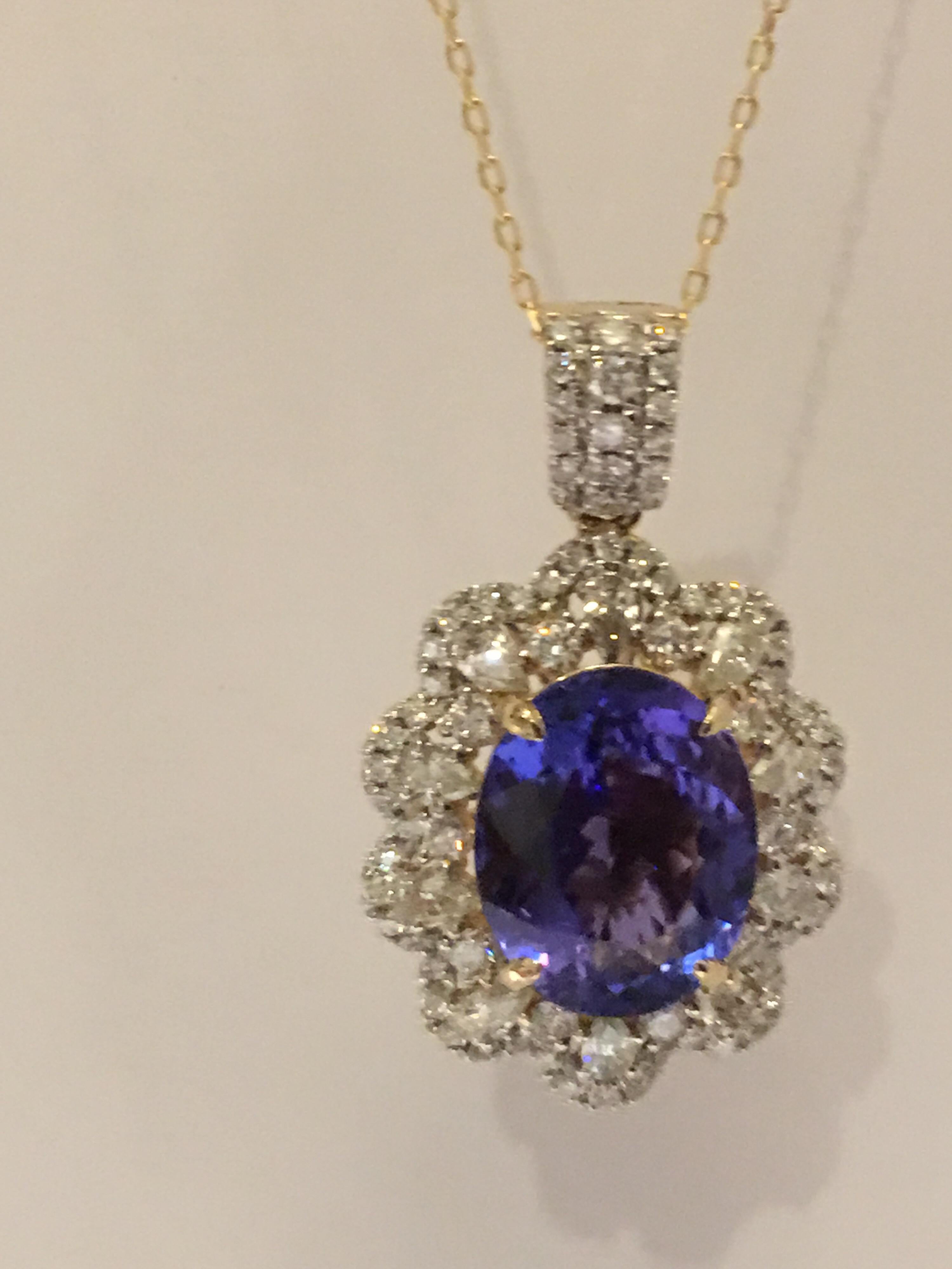 Tanzanite and Diamonds Set in 14 Karat Gold Pendant with Yellow Gold chain 1