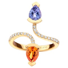 Bague cocktail en or jaune, tanzanite et grenat mandarin et diamants