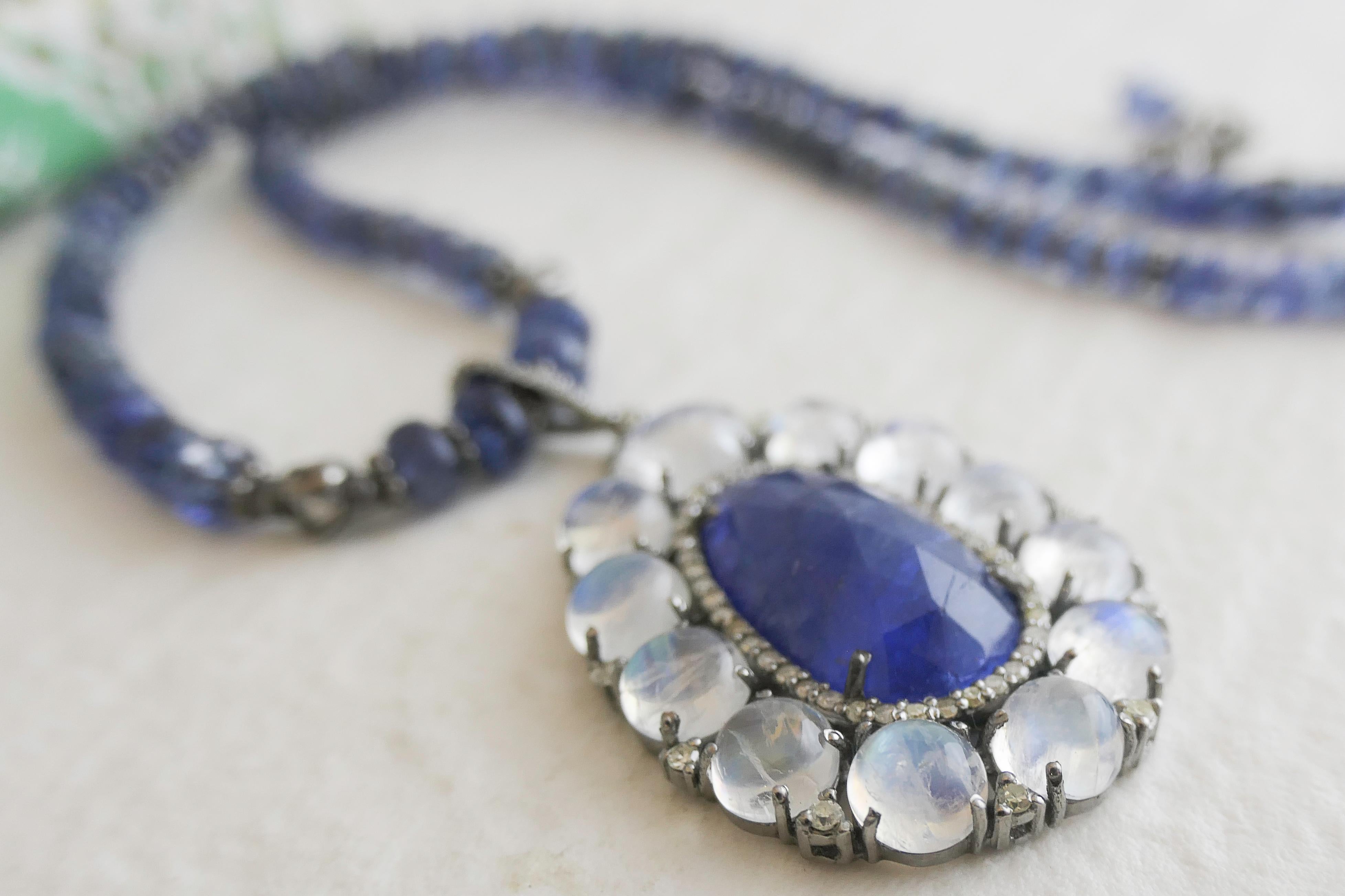 Collana in argento sterling ossidato con tanzanite e pietra di luna da 17 pollici in vendita 1