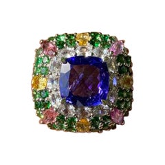 Anillo de compromiso cóctel de tanzanita y zafiro multicolor