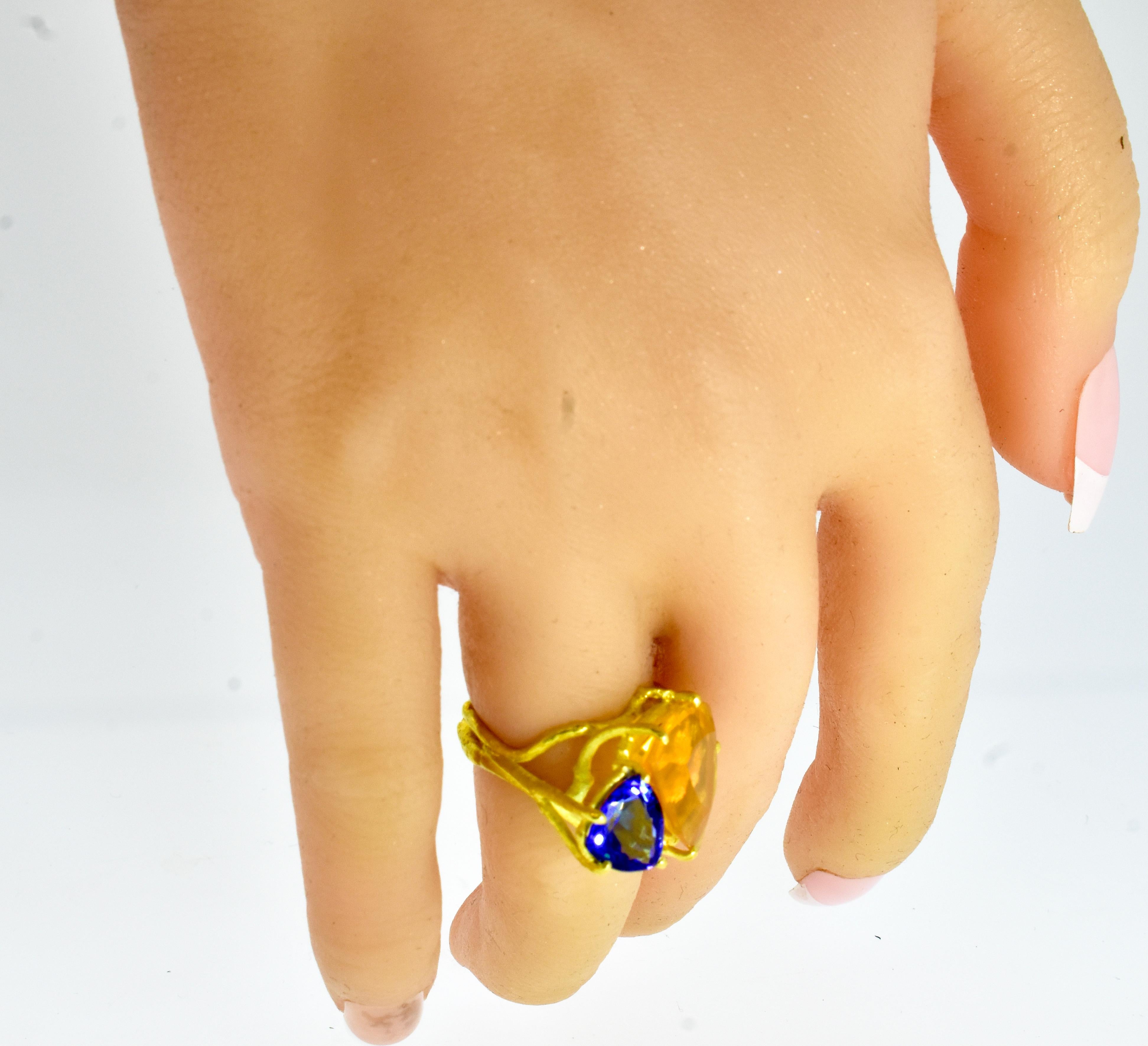 Modernist Tanzanite and Opal 18K Yellow Gold Ring, Sam Shaw For Sale