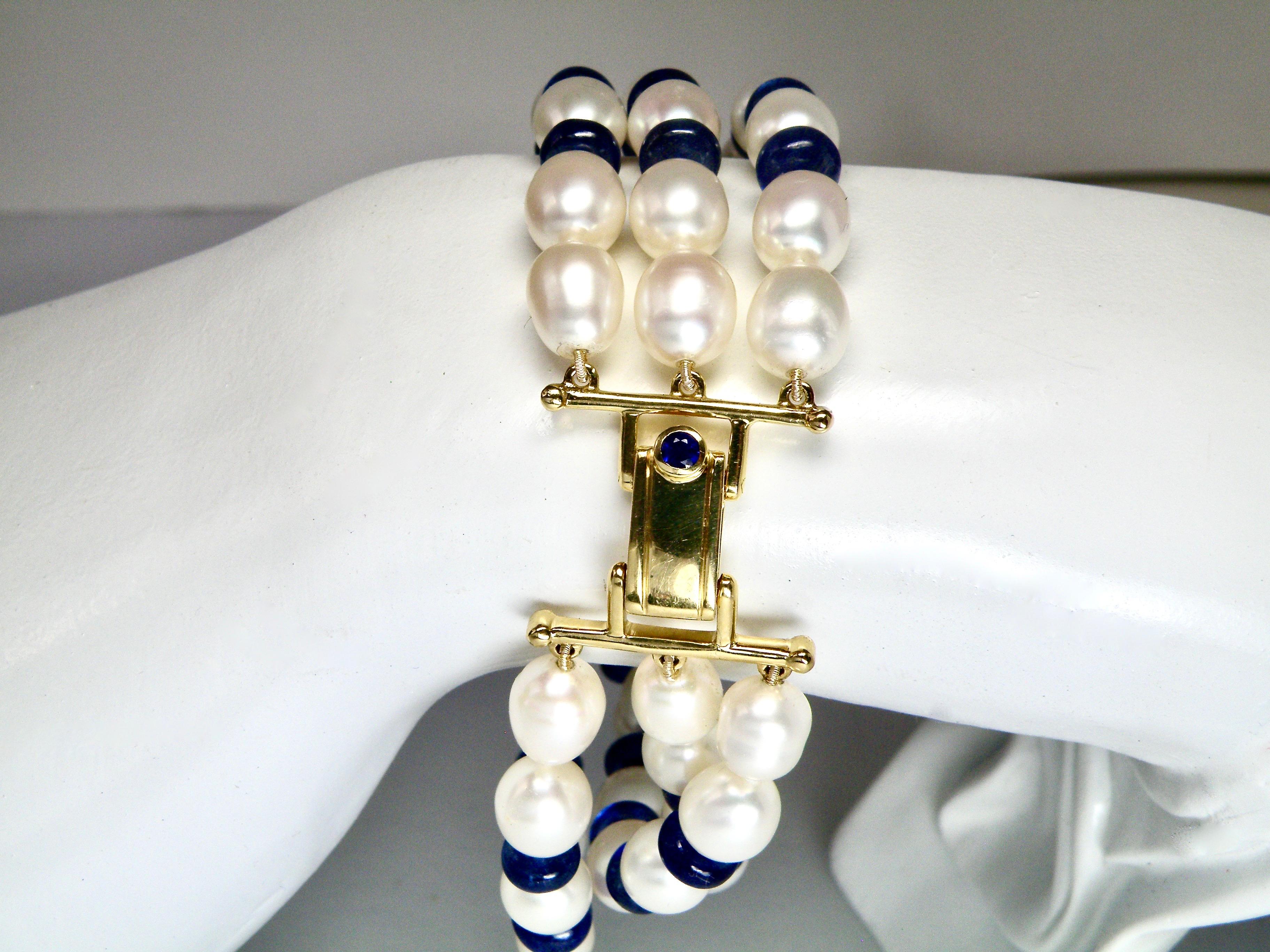 Contemporary Tanzanite and Pearl 3 Strand Bracelet with 18K Box Clasp