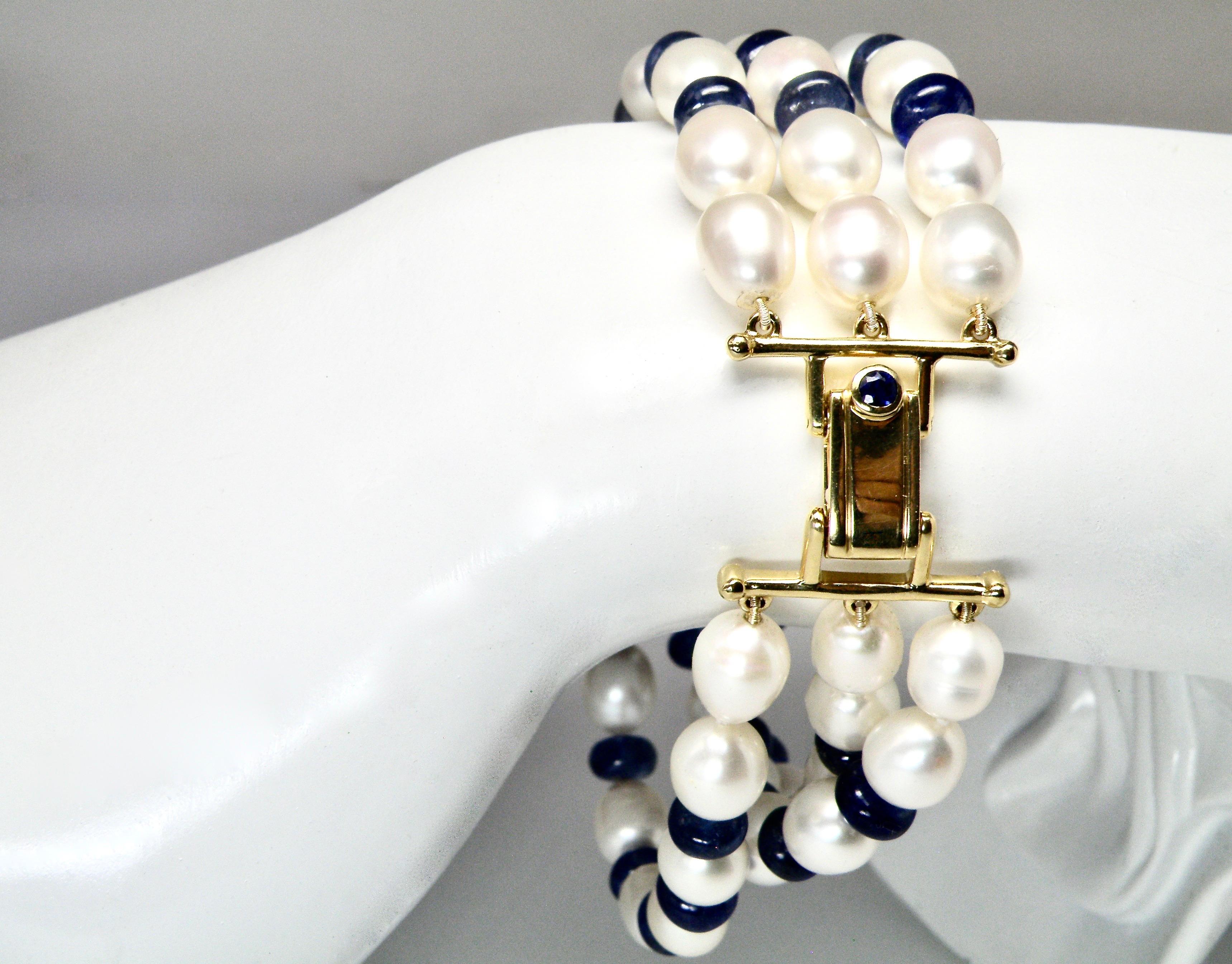Bead Tanzanite and Pearl 3 Strand Bracelet with 18K Box Clasp