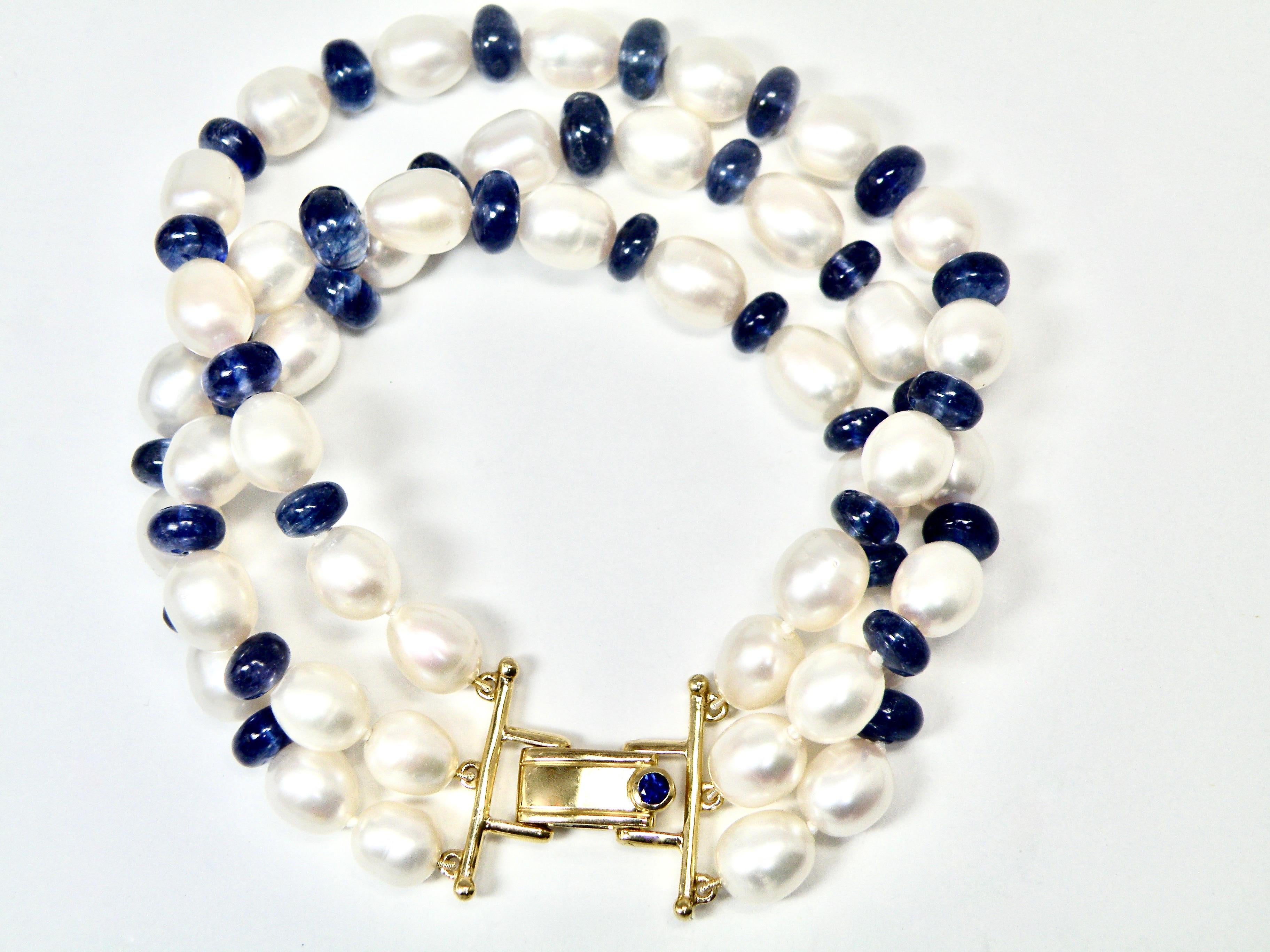 Tanzanite and Pearl 3 Strand Bracelet with 18K Box Clasp In New Condition In Cohasset, MA
