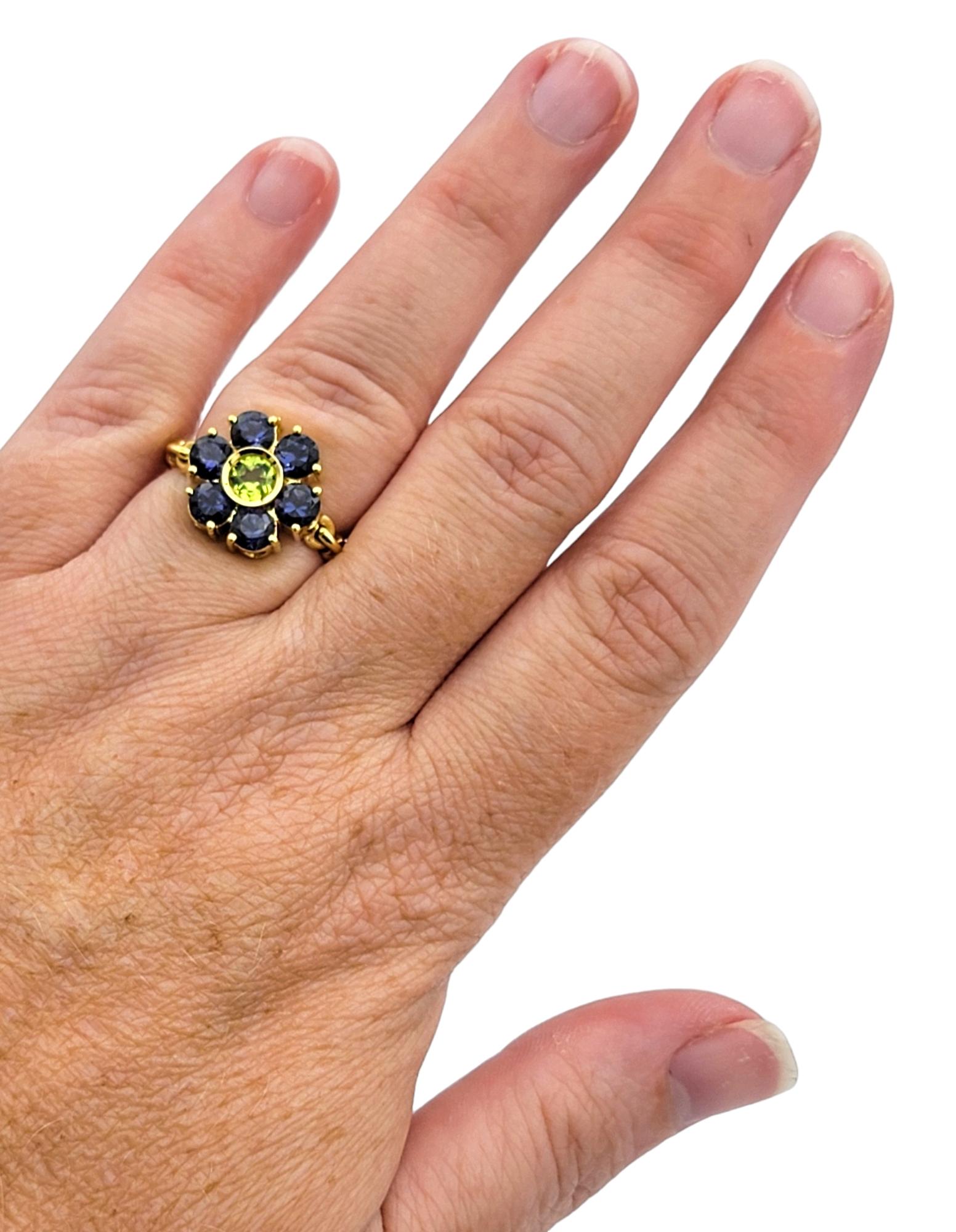 Tanzanite and Peridot Hinged Flower Ring with Rope Band in 18 Karat Yellow Gold For Sale 6