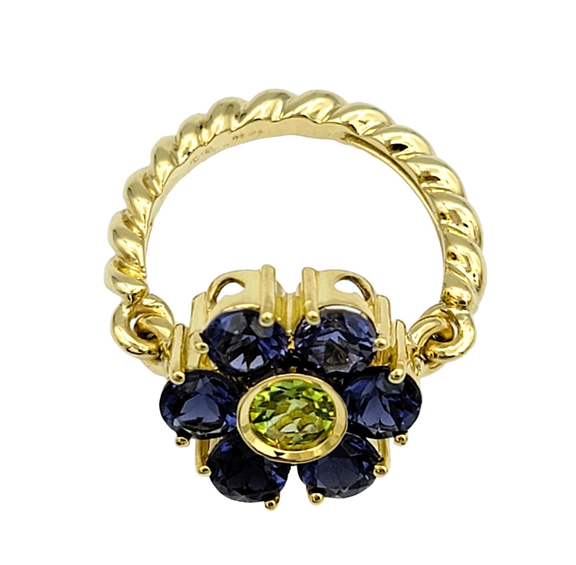 Round Cut Tanzanite and Peridot Hinged Flower Ring with Rope Band in 18 Karat Yellow Gold For Sale