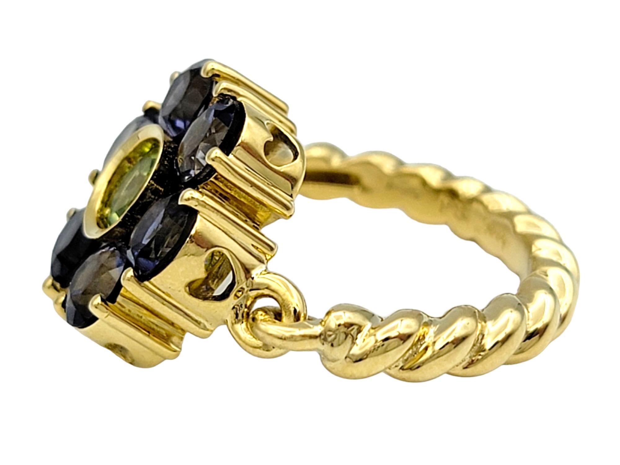 Tanzanite and Peridot Hinged Flower Ring with Rope Band in 18 Karat Yellow Gold In Good Condition For Sale In Scottsdale, AZ