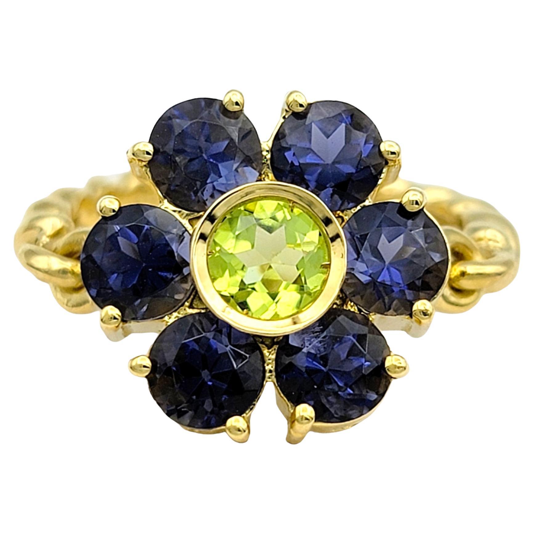 Tanzanite and Peridot Hinged Flower Ring with Rope Band in 18 Karat Yellow Gold For Sale
