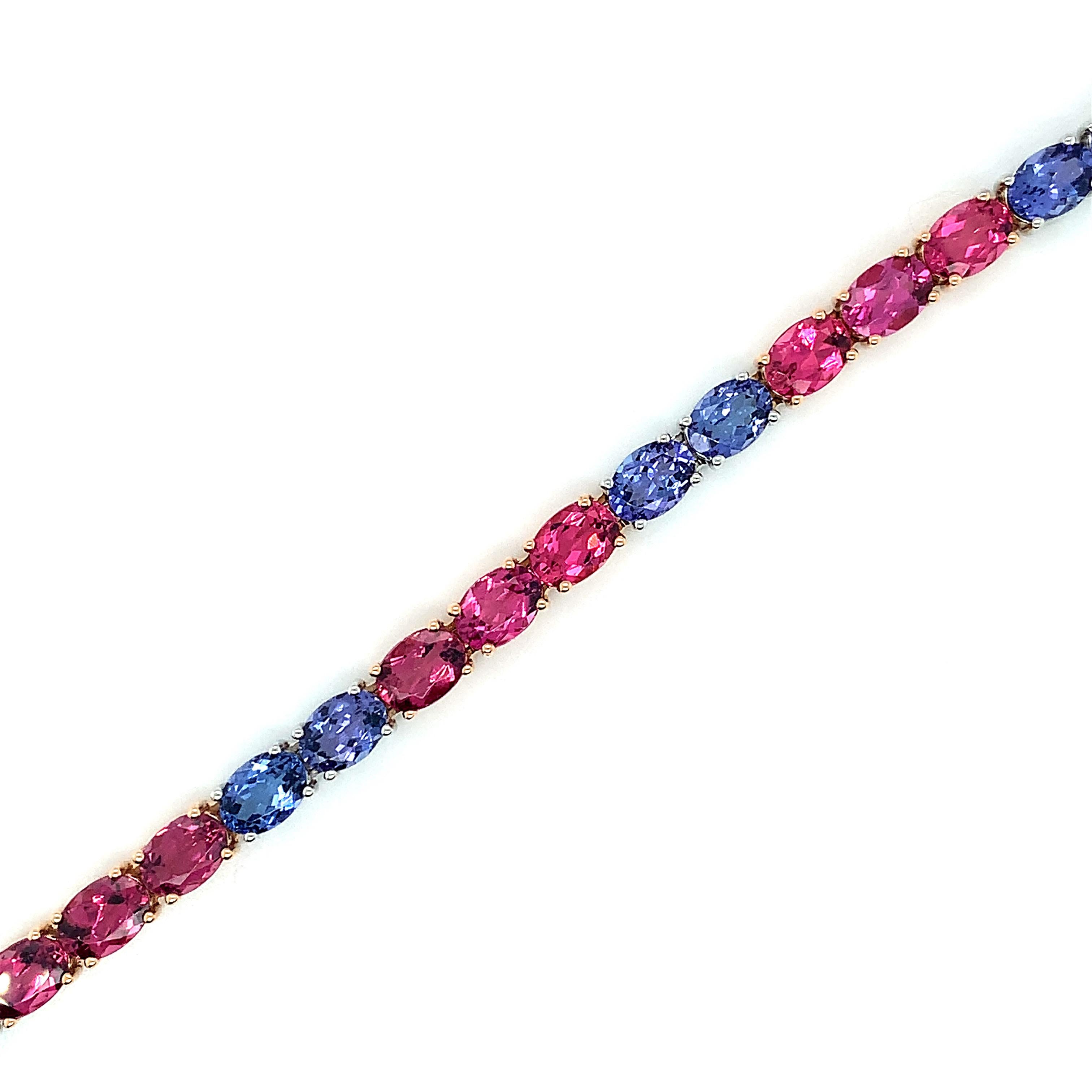 Artisan Tanzanite and Pink Tourmaline Tennis Bracelet in White and Rose Gold For Sale