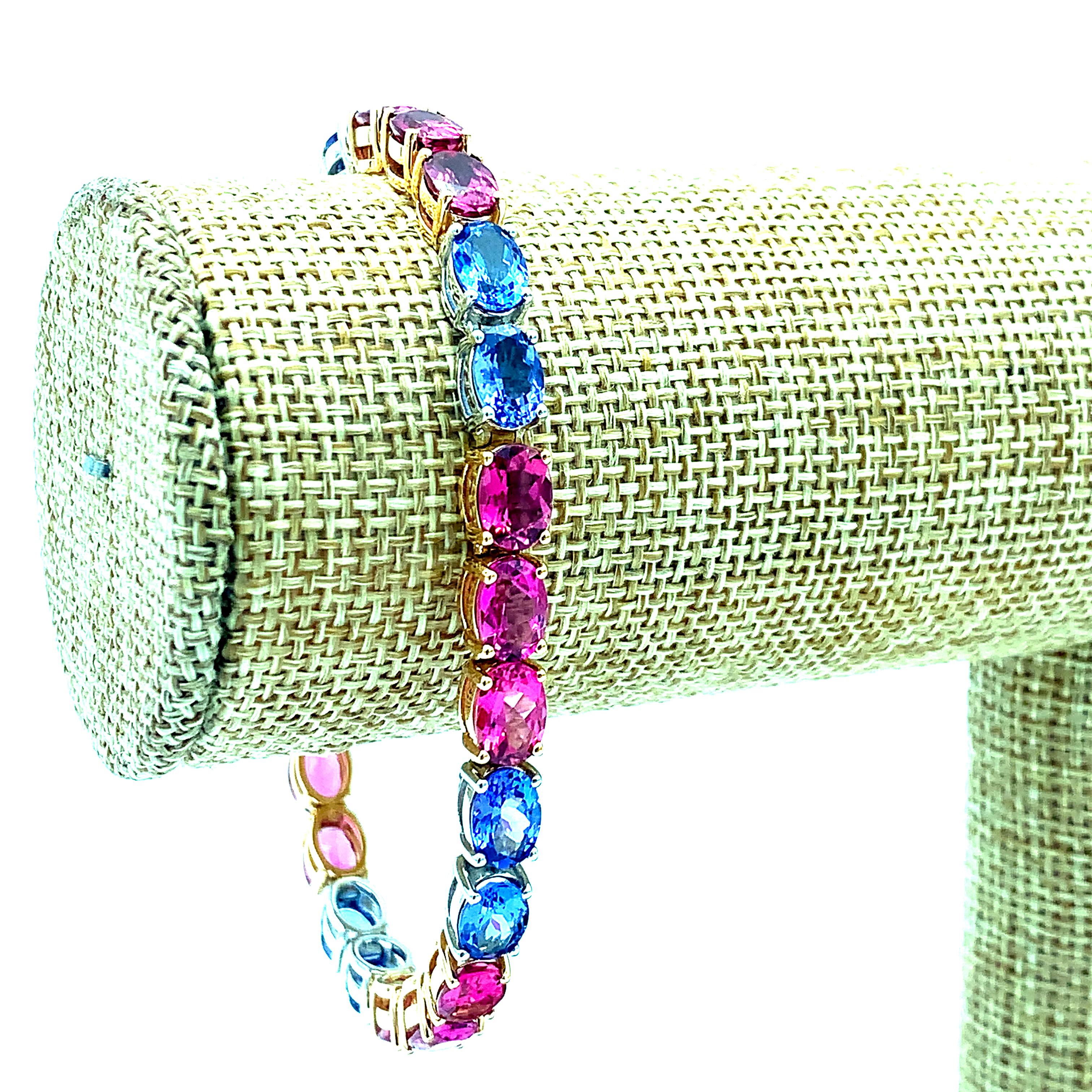 Tanzanite and Pink Tourmaline Tennis Bracelet in White and Rose Gold In New Condition For Sale In Los Angeles, CA