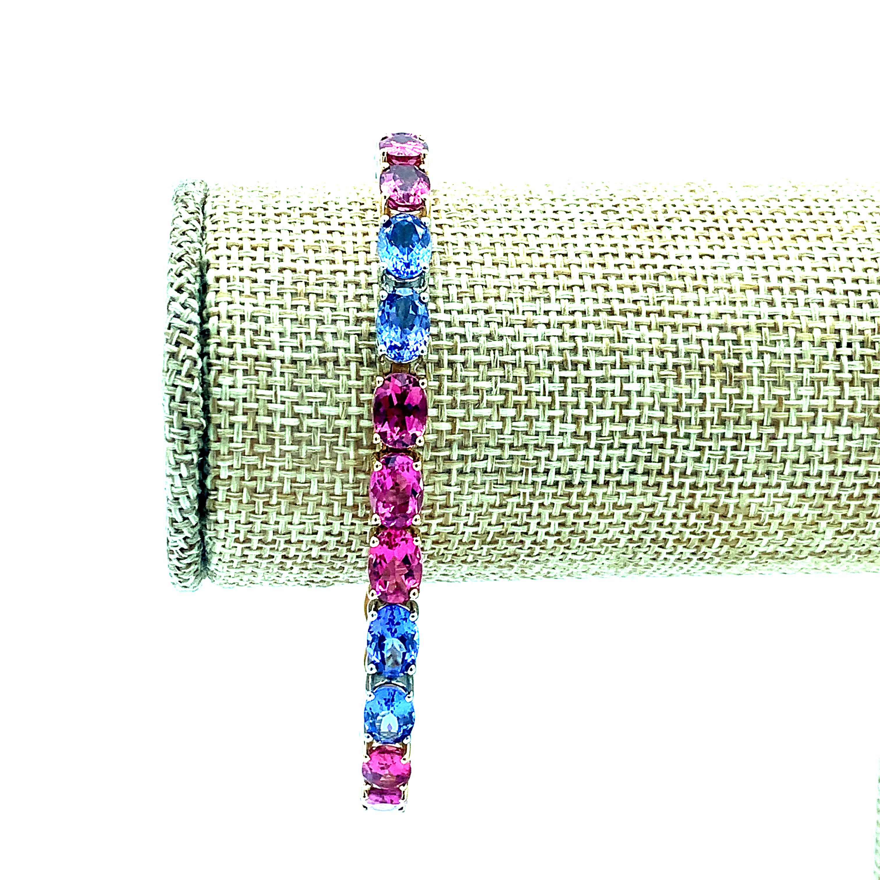 Women's Tanzanite and Pink Tourmaline Tennis Bracelet in White and Rose Gold For Sale