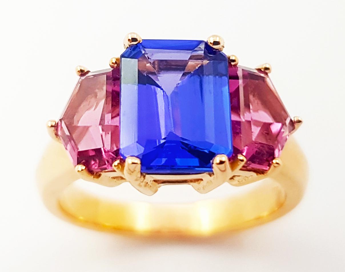 Tanzanite and Pink Tourmaline Ring set in 18K Rose Gold Settings For Sale 1