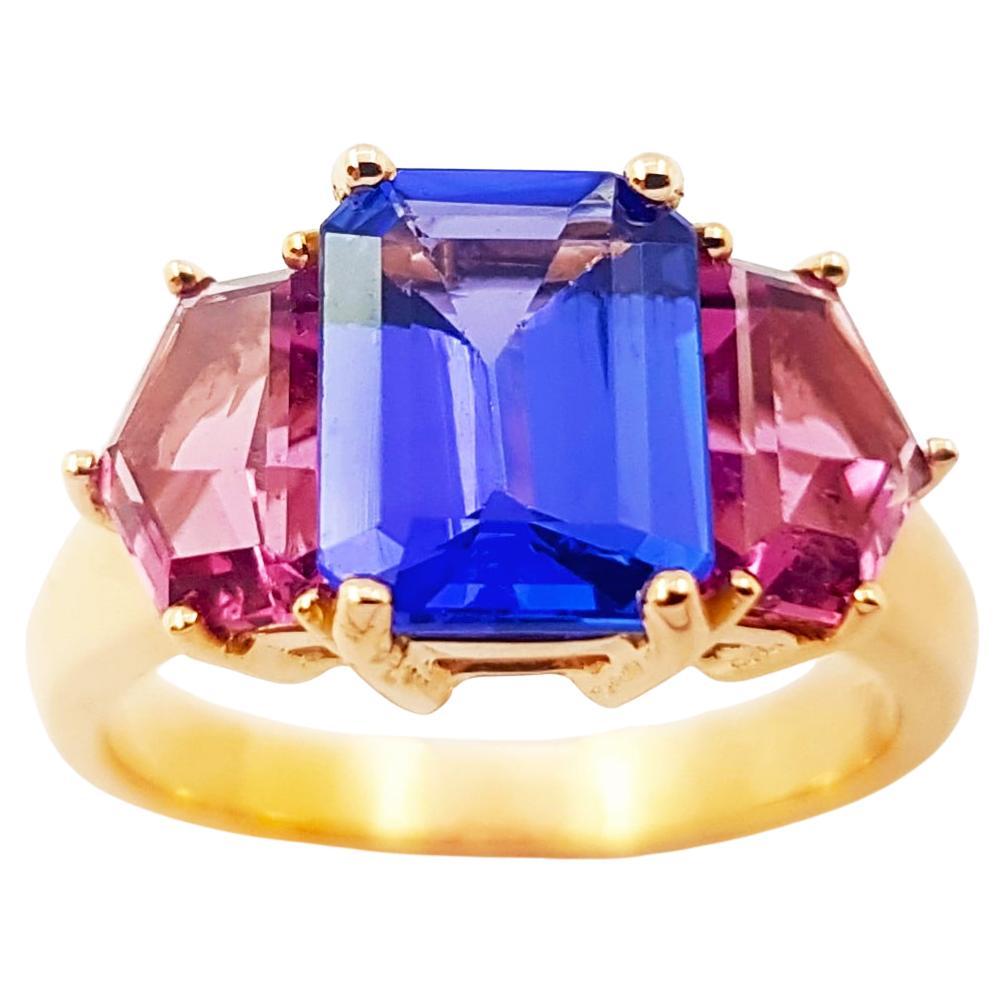 Tanzanite and Pink Tourmaline Ring set in 18K Rose Gold Settings For Sale