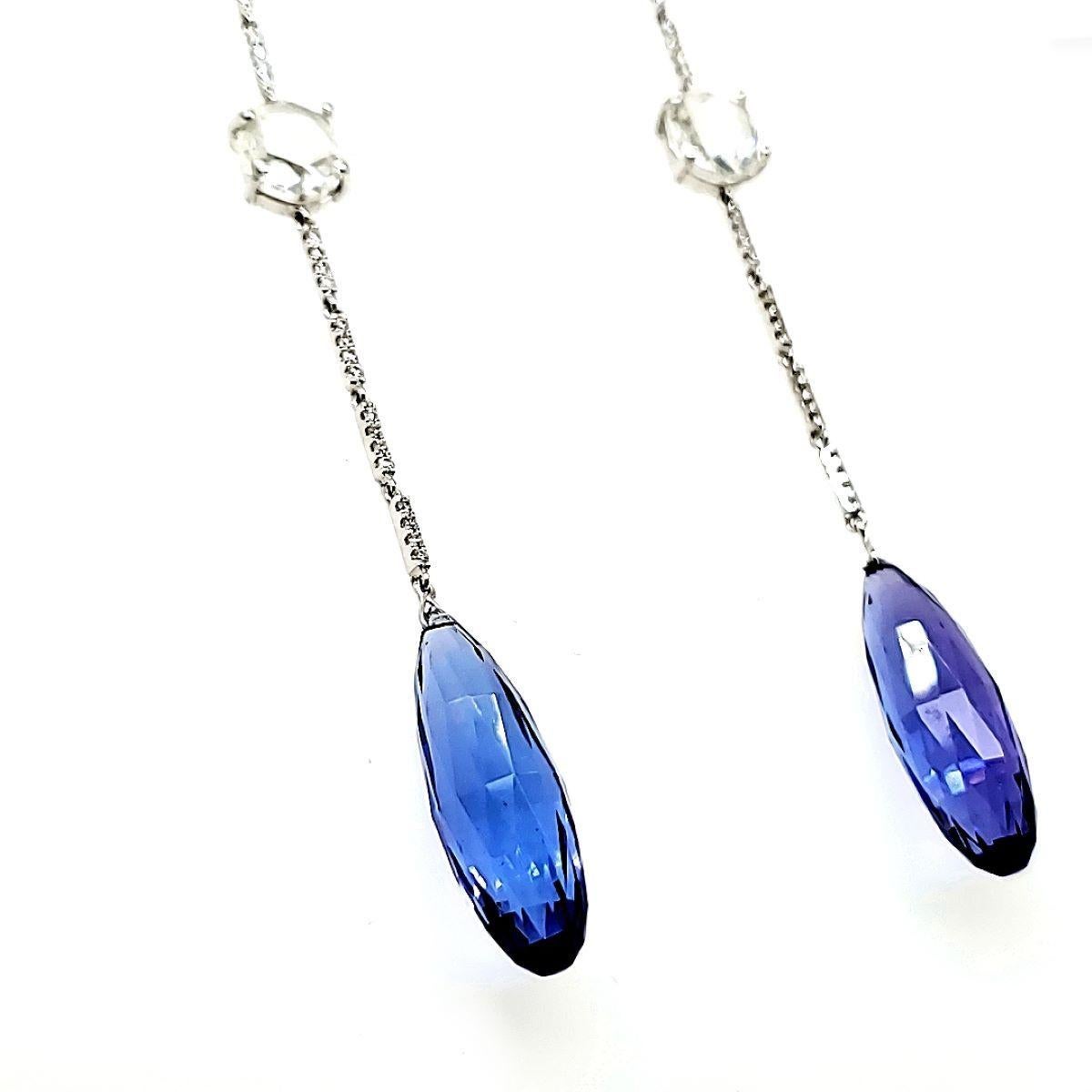 Contemporary Tanzanite and Rose-Cut Diamond Drop Earrings in 18k White Gold For Sale