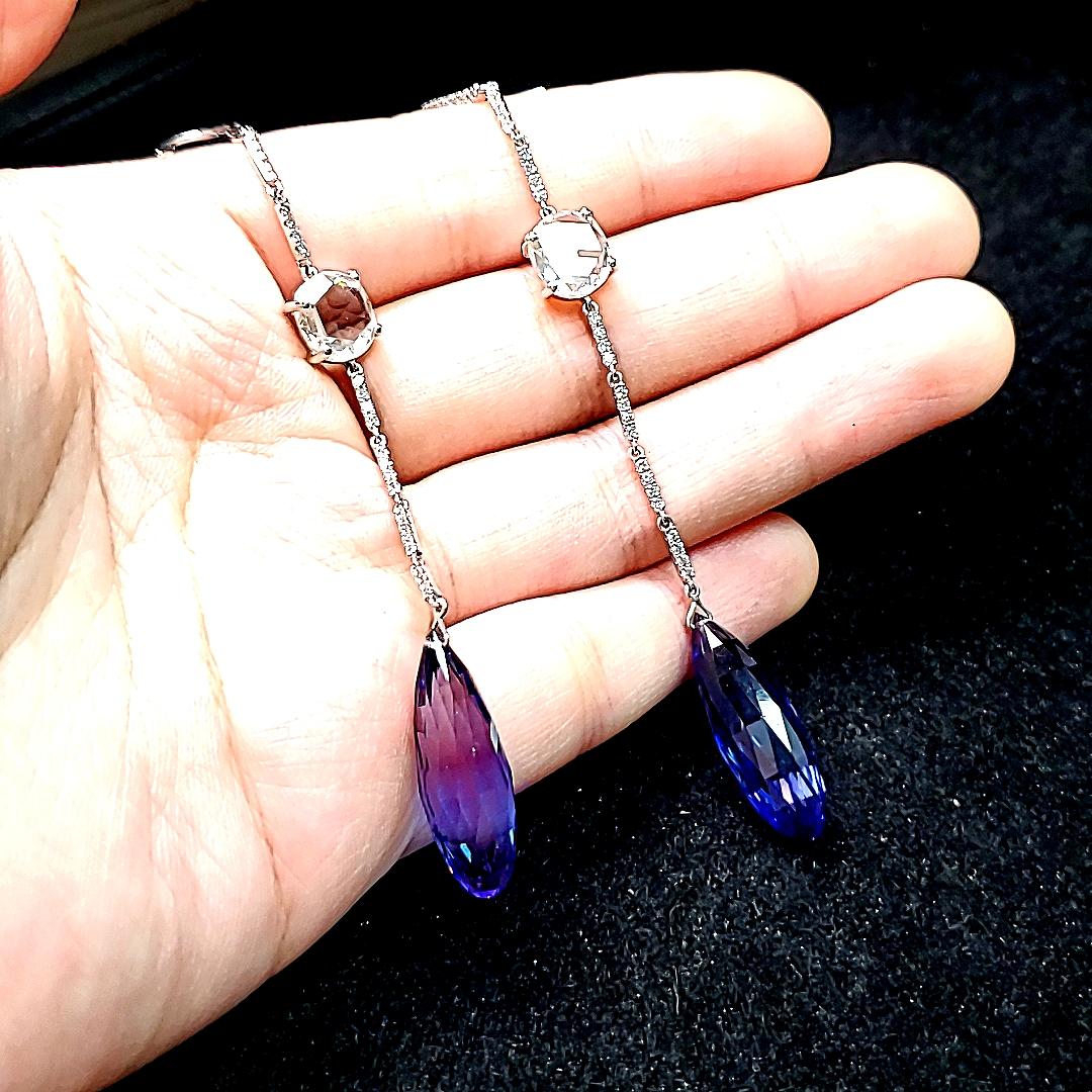 Tanzanite and Rose-Cut Diamond Drop Earrings in 18k White Gold In New Condition For Sale In Hong Kong, HK