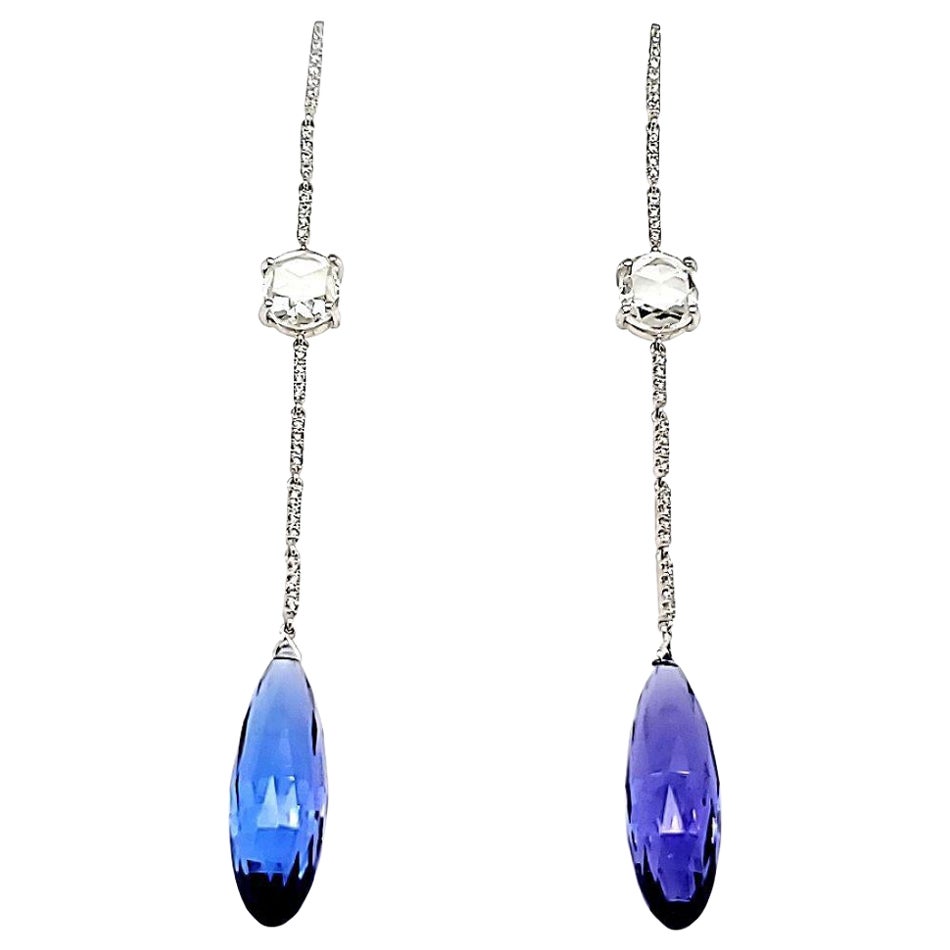 Tansanit und Diamant-Tropfen-Ohrringe aus 18 Karat Weißgold mit Rosenschliff im Angebot