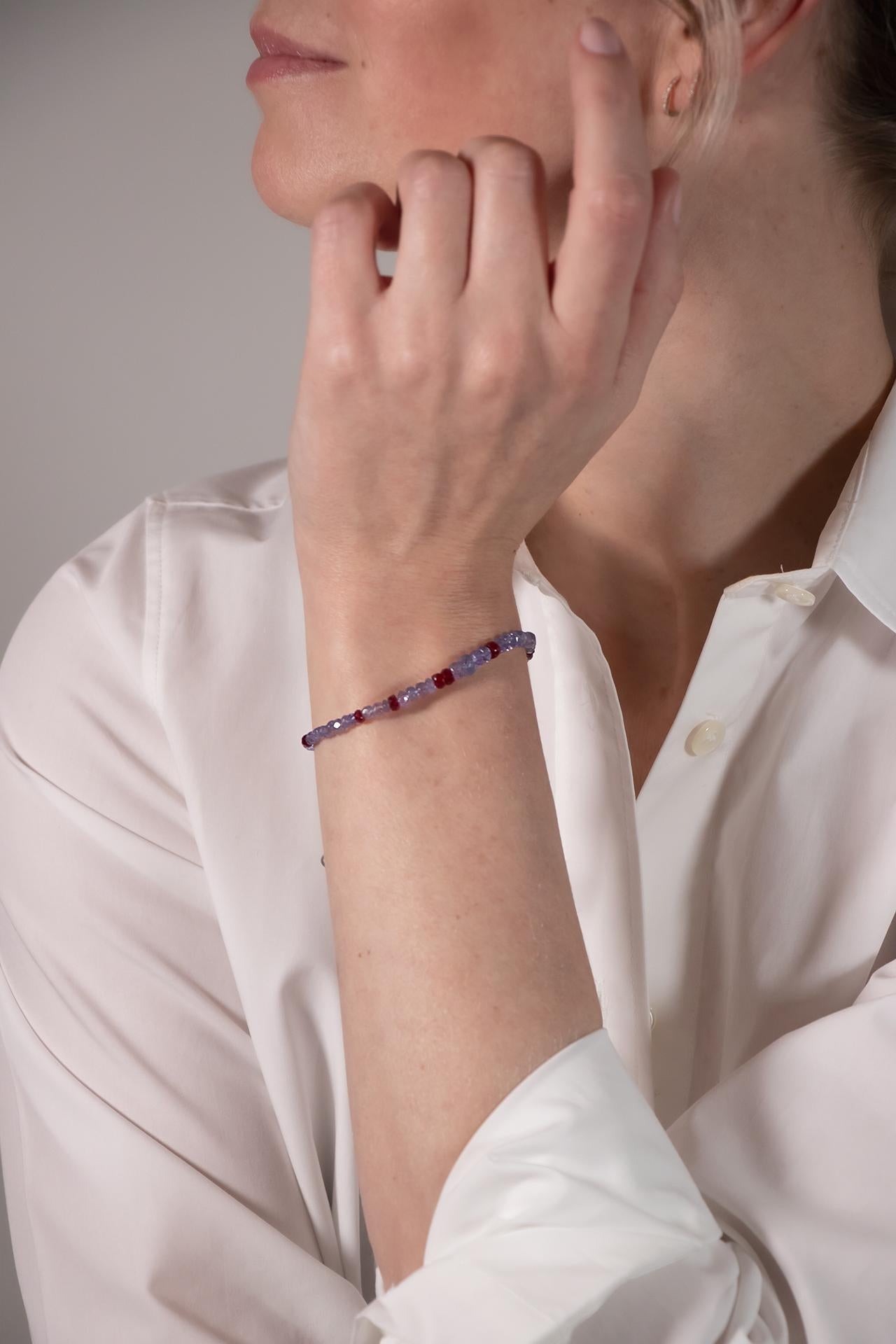 Bead Tanzanite and ruby bracelet with purple drawstring closure For Sale