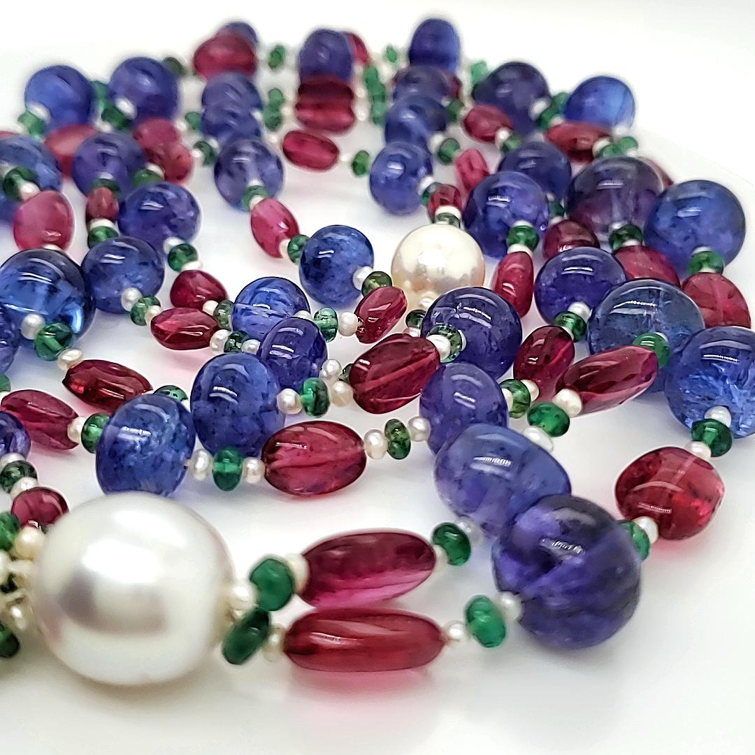 Contemporary Tanzanite and Ruby Cts 340.00 Pearl Beaded Necklace For Sale