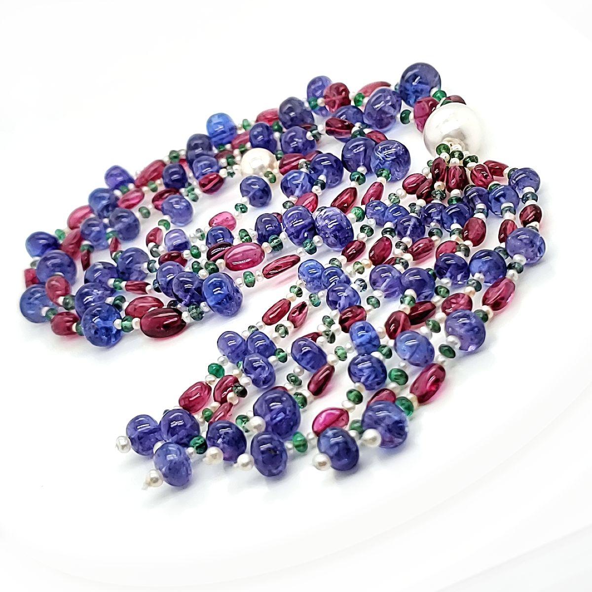 Women's Tanzanite and Ruby Cts 340.00 Pearl Beaded Necklace For Sale