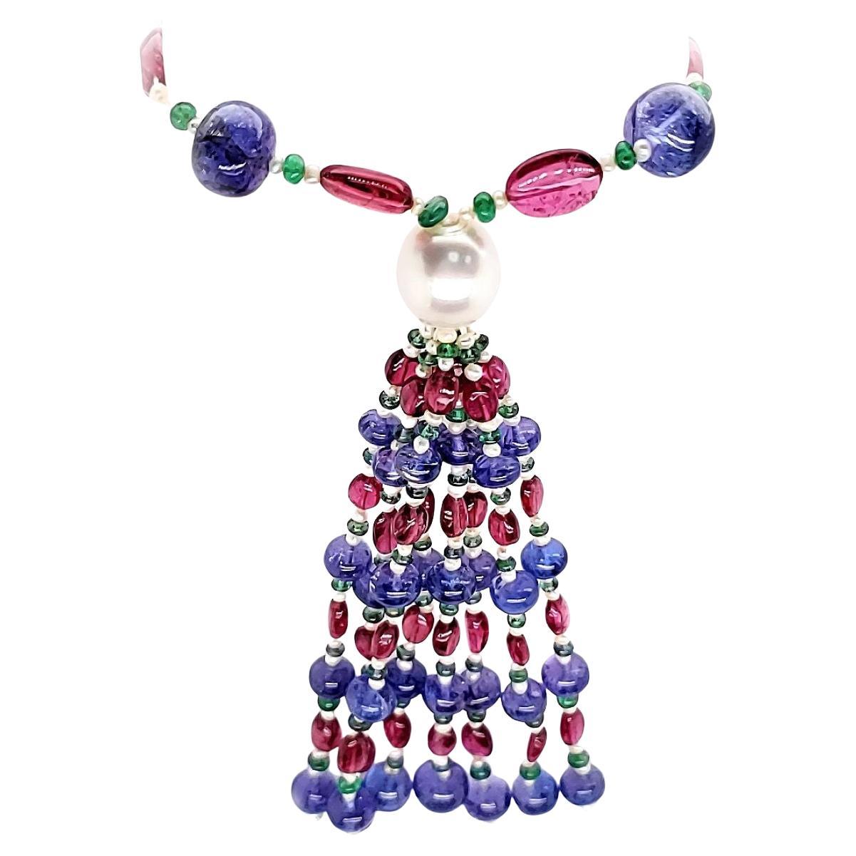 Tanzanite and Ruby Cts 340.00 Pearl Beaded Necklace For Sale