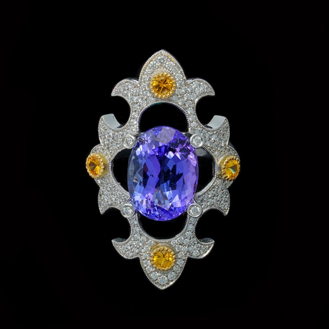Mawenzi Princess Ring

Drawing upon Medieval ring profiles embellished with Byzantine detail, this decadent piece is named after the largest tanzanite ever found named the Mawenzi. Tanzanite is an exceptionally rare gemstone, much more scarce than