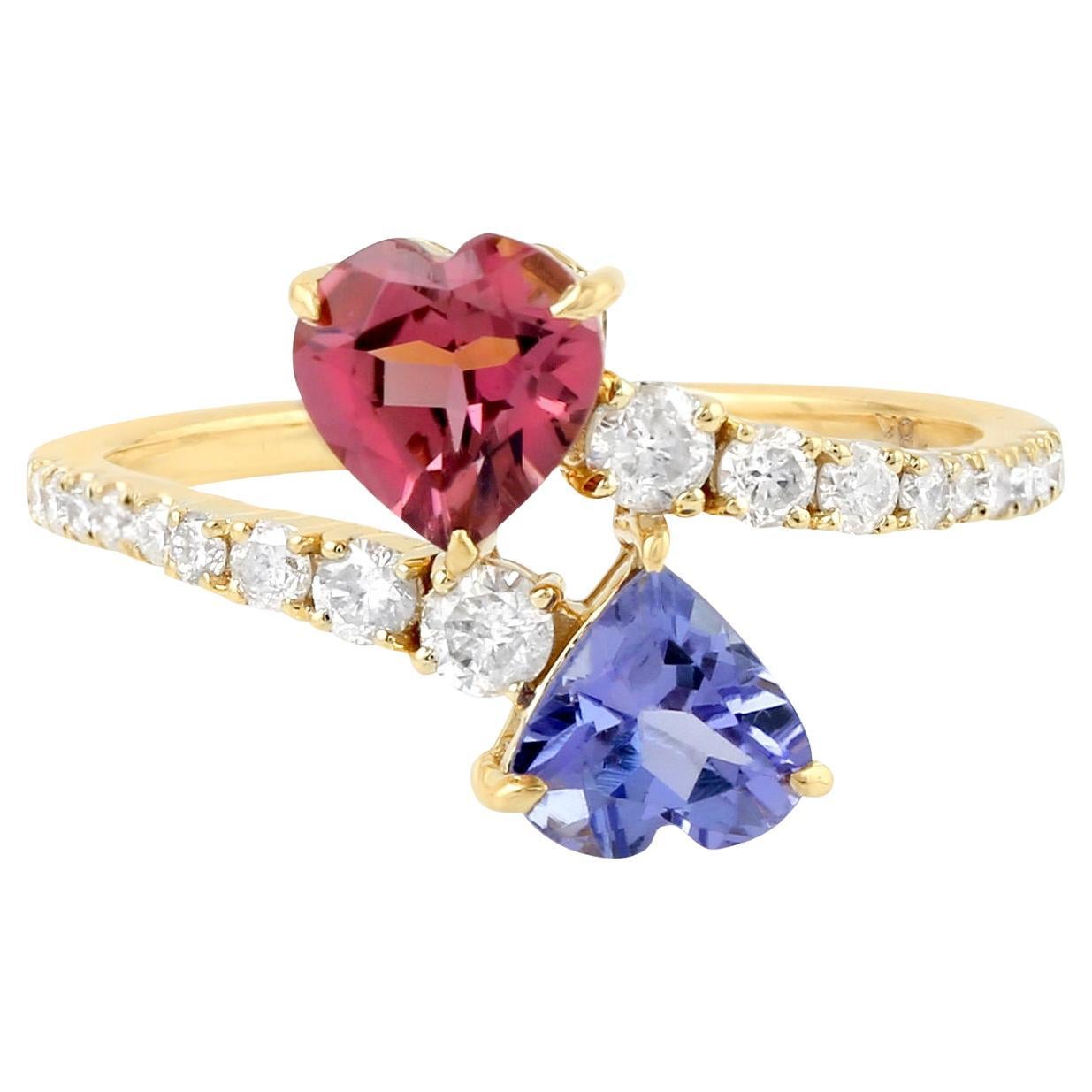 Tanzanite and Tourmaline Bypass Ring With Diamonds 1.76 Carats 18K Yellow Gold For Sale