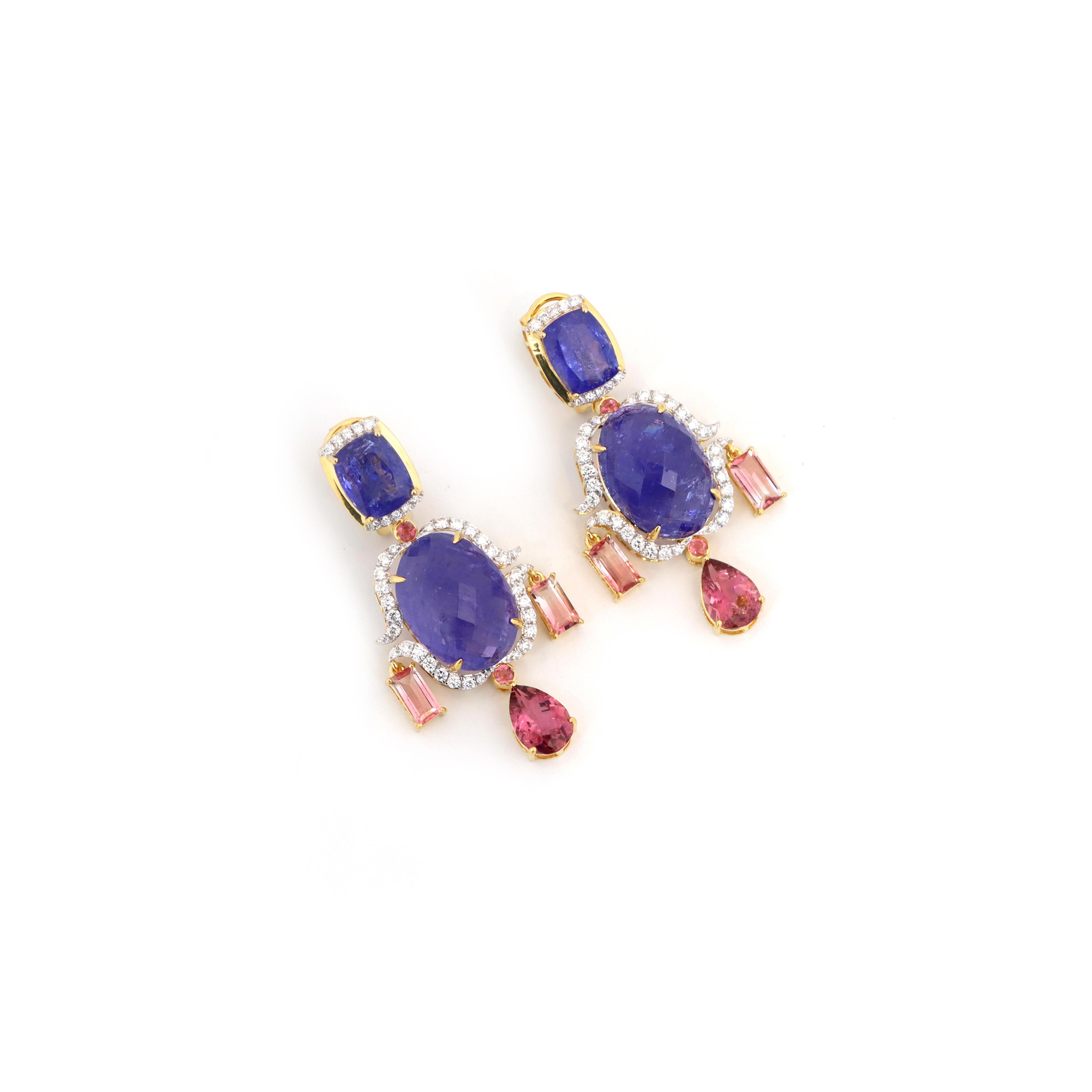 Tansanit und Turmalin Ohrringe mit 18K Gelbgold und Diamant (Tropfenschliff) im Angebot