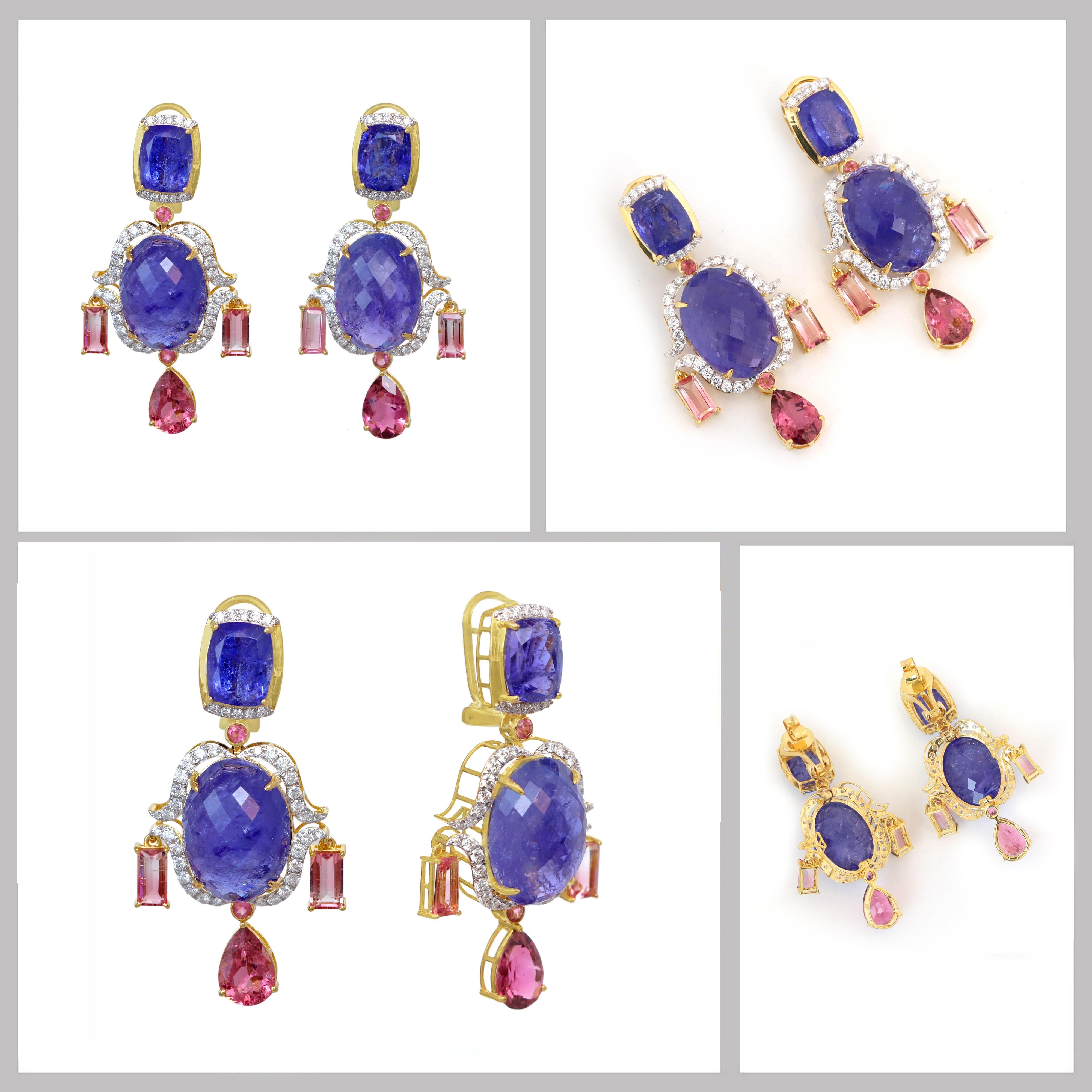 Tansanit und Turmalin Ohrringe mit 18K Gelbgold und Diamant Damen im Angebot