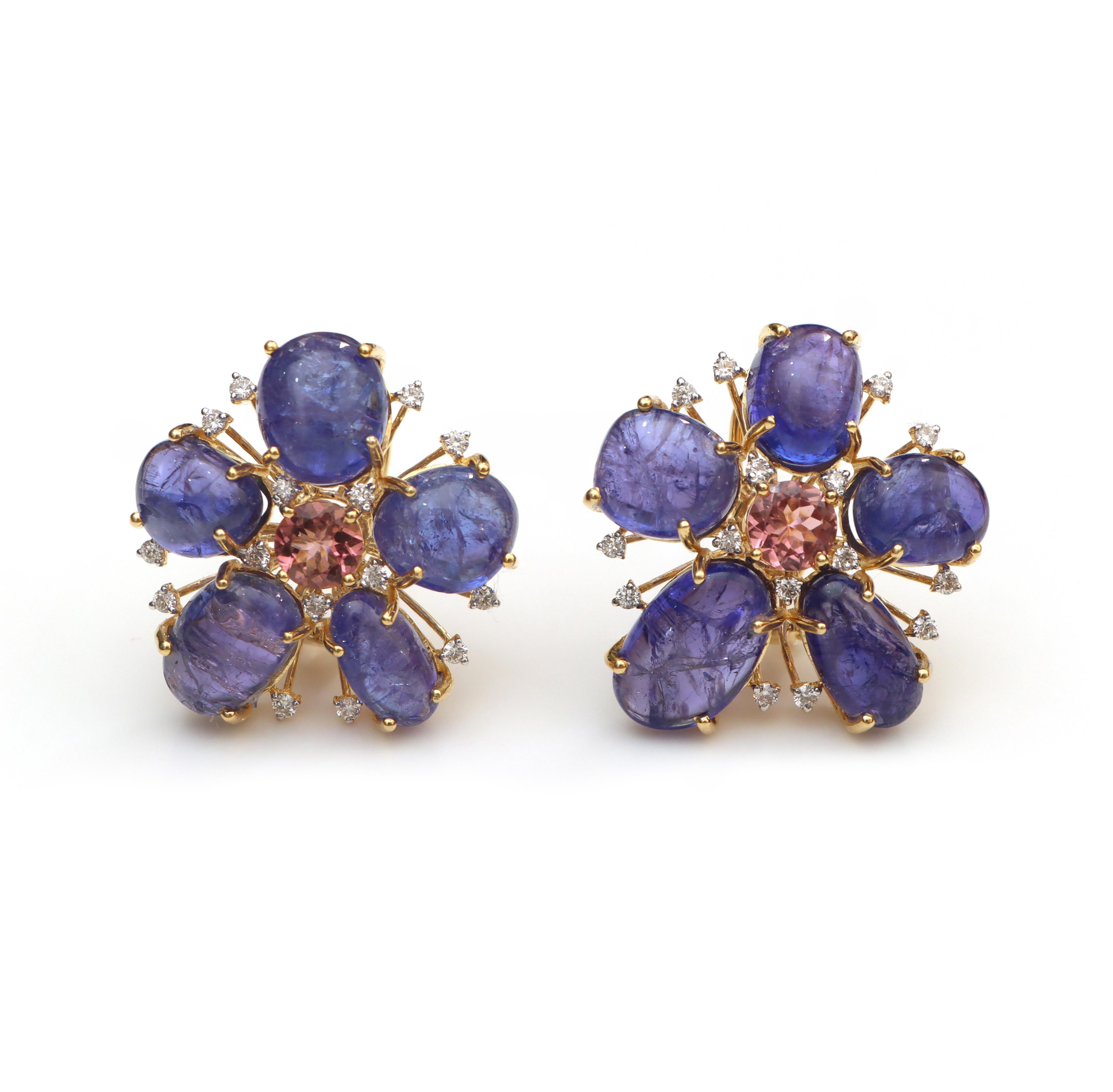 Art Nouveau Tanzanite And Tourmaline Studs 18k Yellow Gold Tanzanite Studs With Diamonds For Sale
