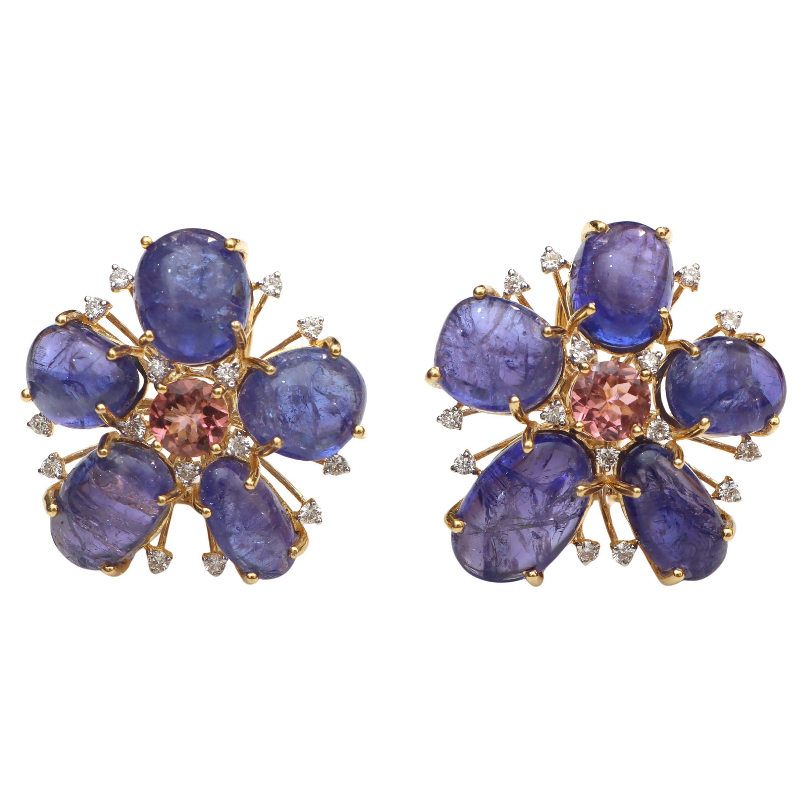 Tanzanite And Tourmaline Studs 18k Yellow Gold Tanzanite Studs With Diamonds For Sale