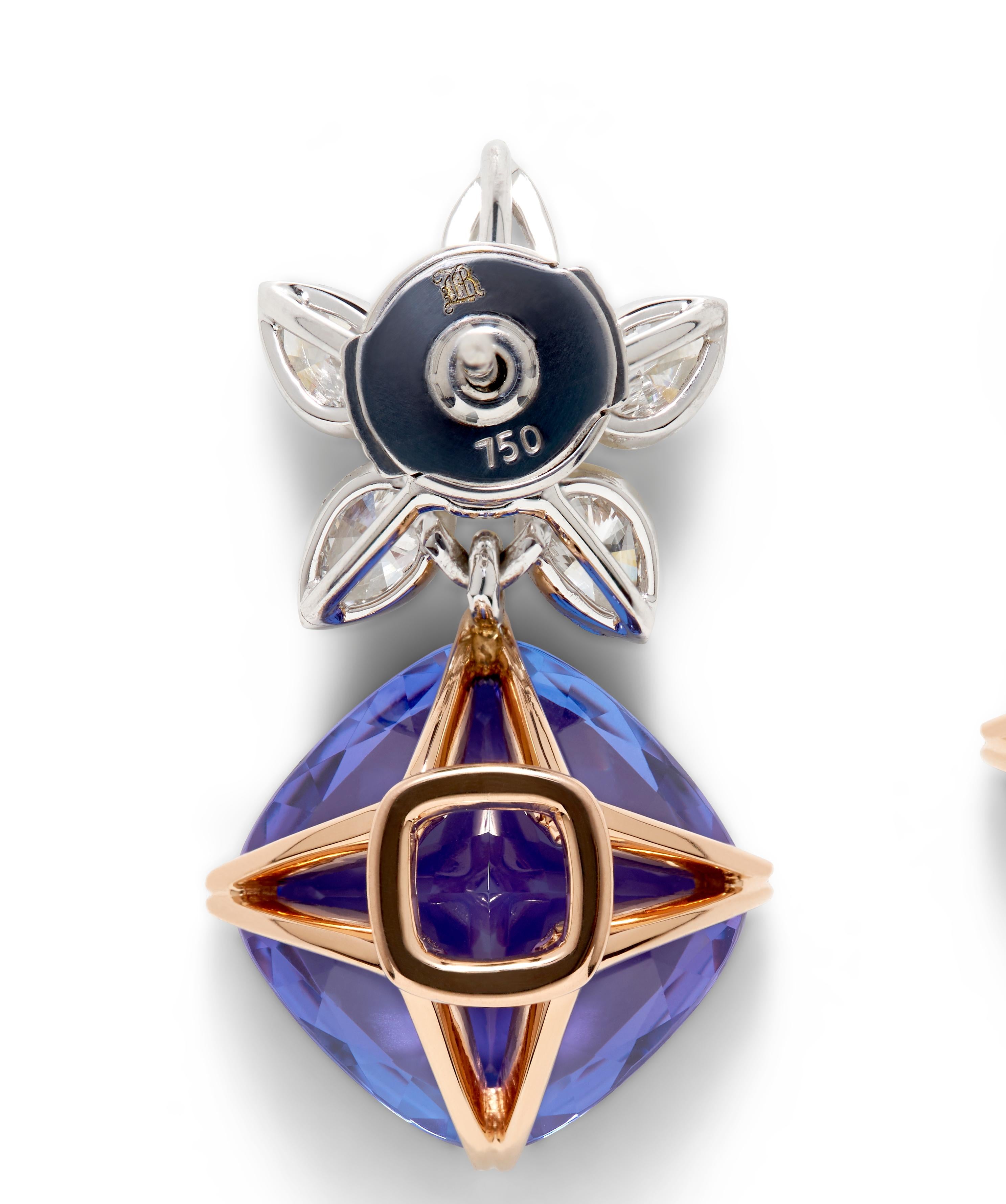 Cushion Cut 18 Carat Gold Tanzanite and White Diamond Earrings For Sale