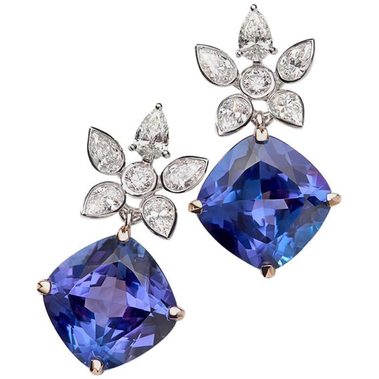  18 Carat Gold Tanzanite and White Diamond Earrings For Sale