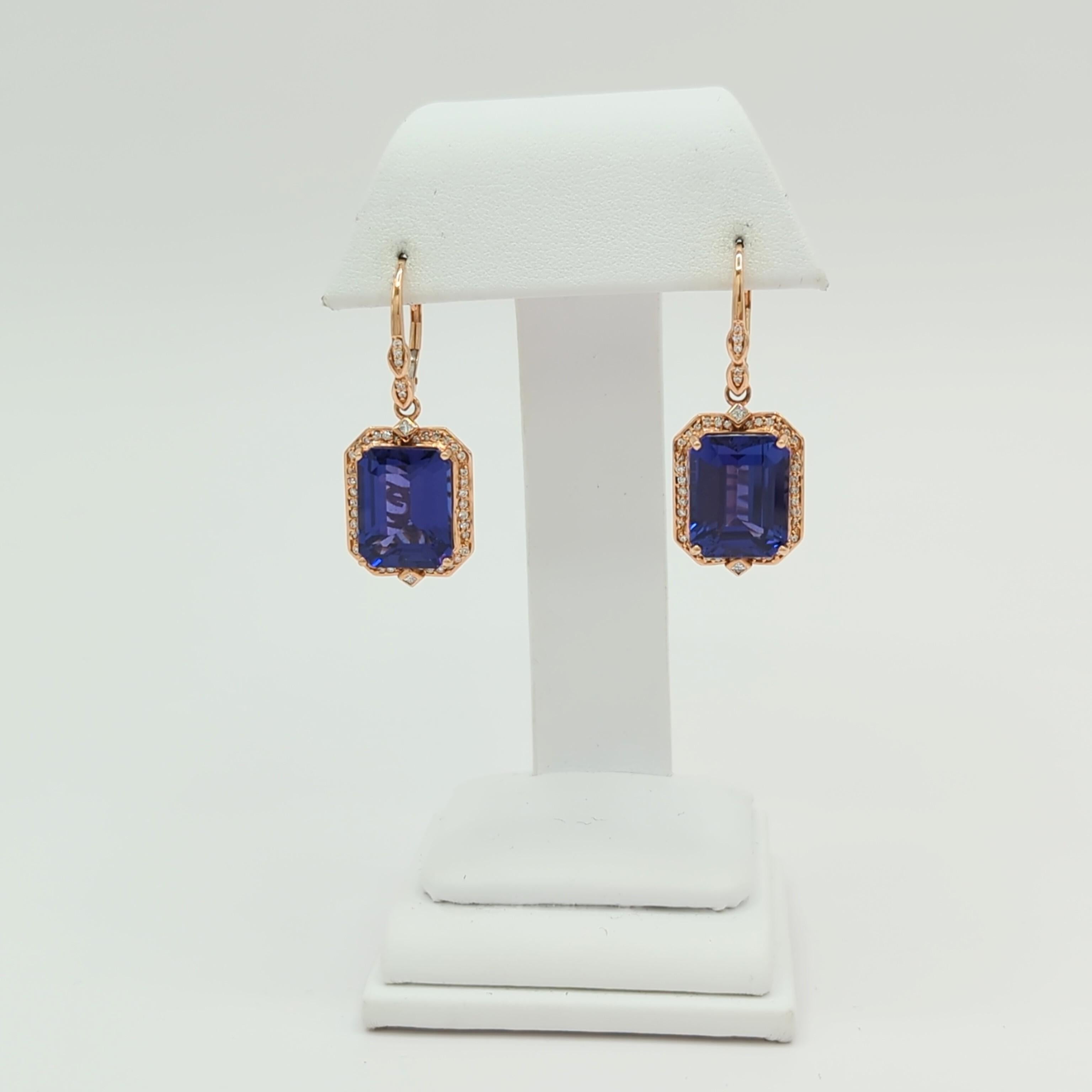 Tanzanite and White Diamond Dangle Earrings in 18K Rose Gold In New Condition For Sale In Los Angeles, CA