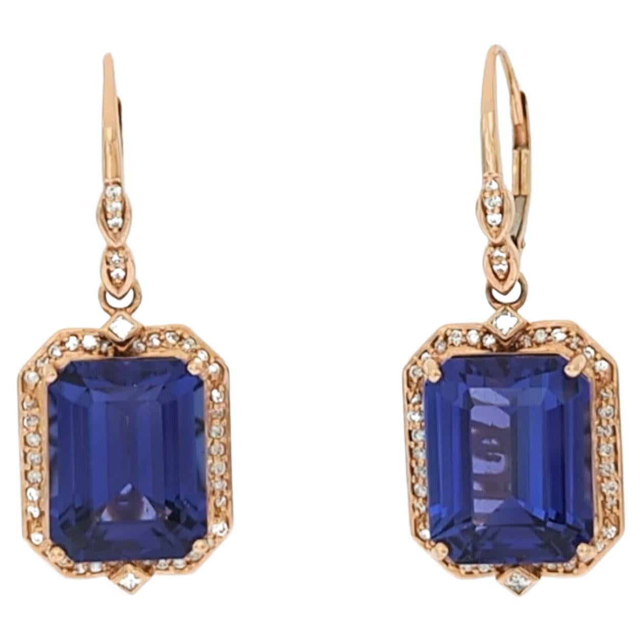 Boucles d'oreilles pendantes en or rose 18 carats avec tanzanite et diamant blanc
