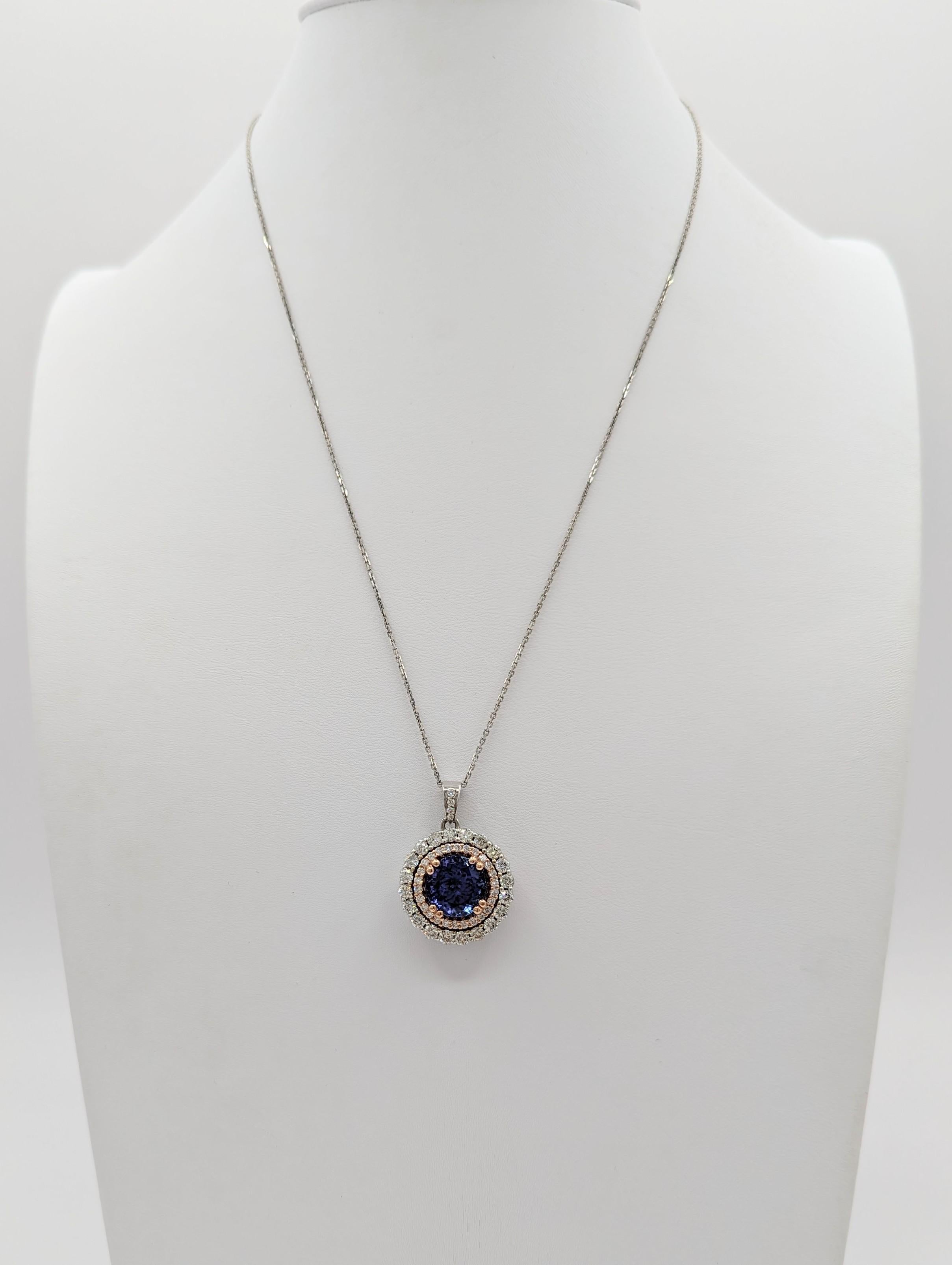 Tanzanite and White Diamond Double Halo Pendant Necklace in 14K 2 Tone Gold In New Condition For Sale In Los Angeles, CA