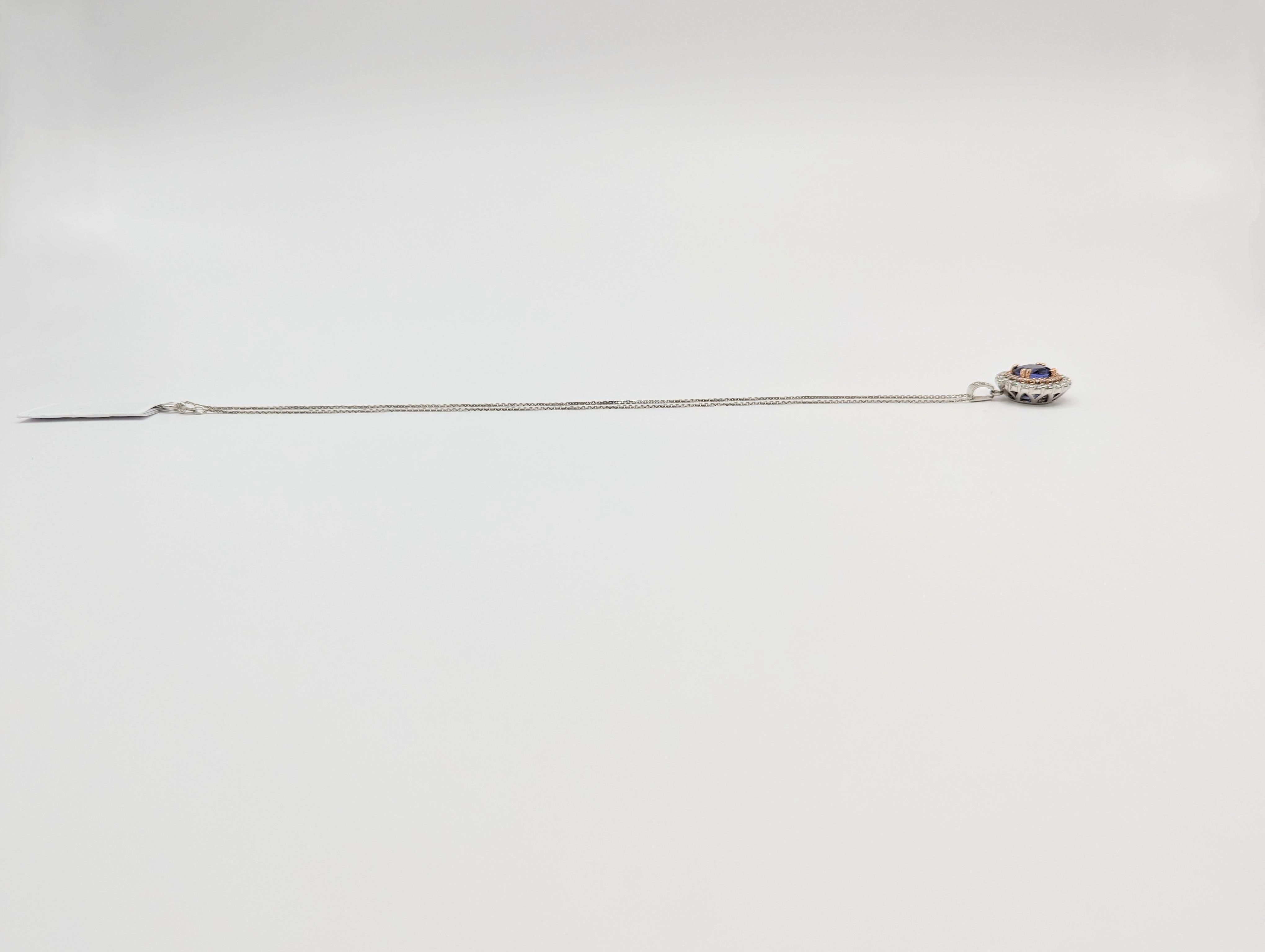 Women's or Men's Tanzanite and White Diamond Double Halo Pendant Necklace in 14K 2 Tone Gold For Sale