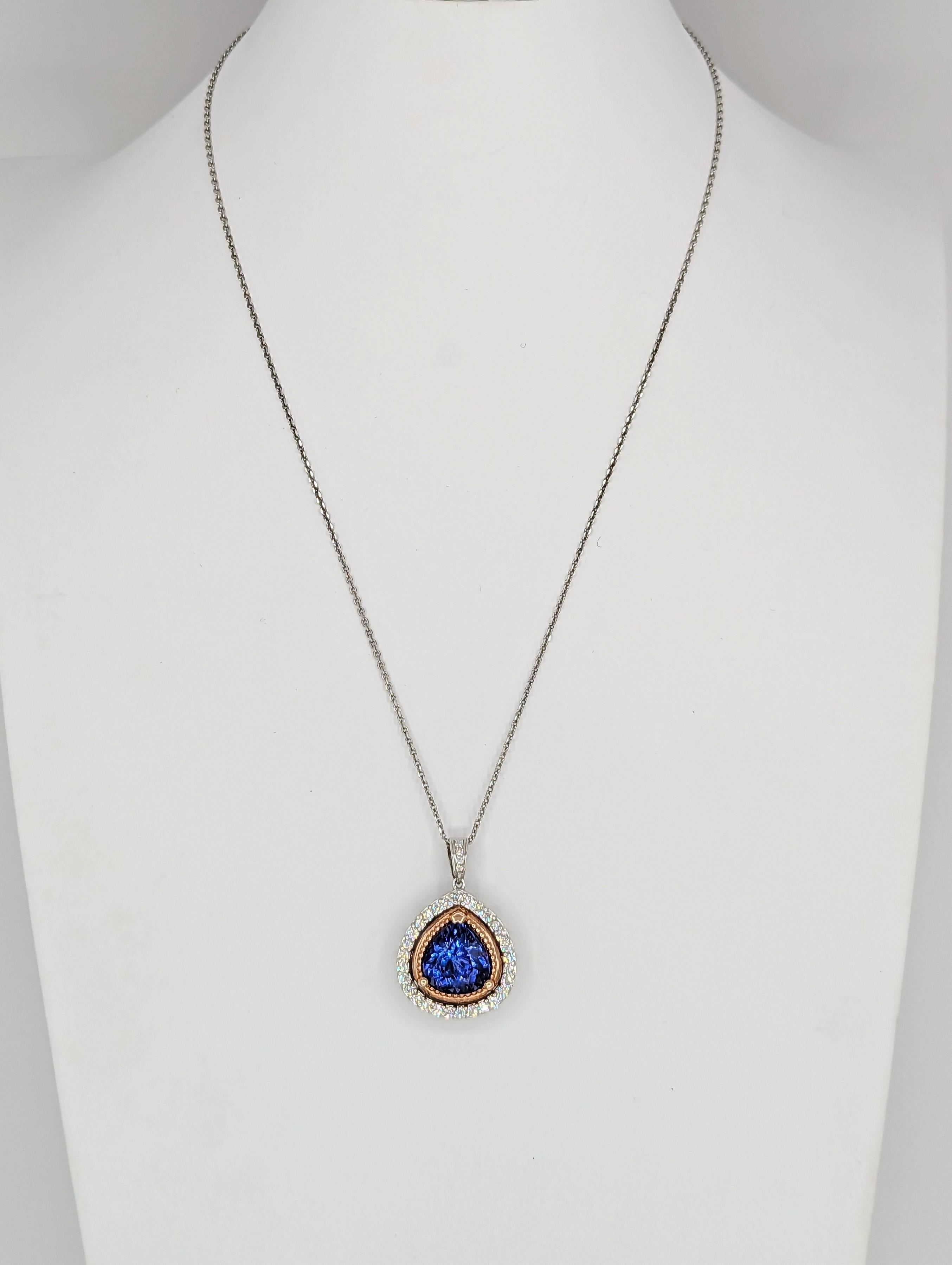 Tanzanite and White Diamond Pendant Necklace in 14K 2 Tone Gold For Sale 1