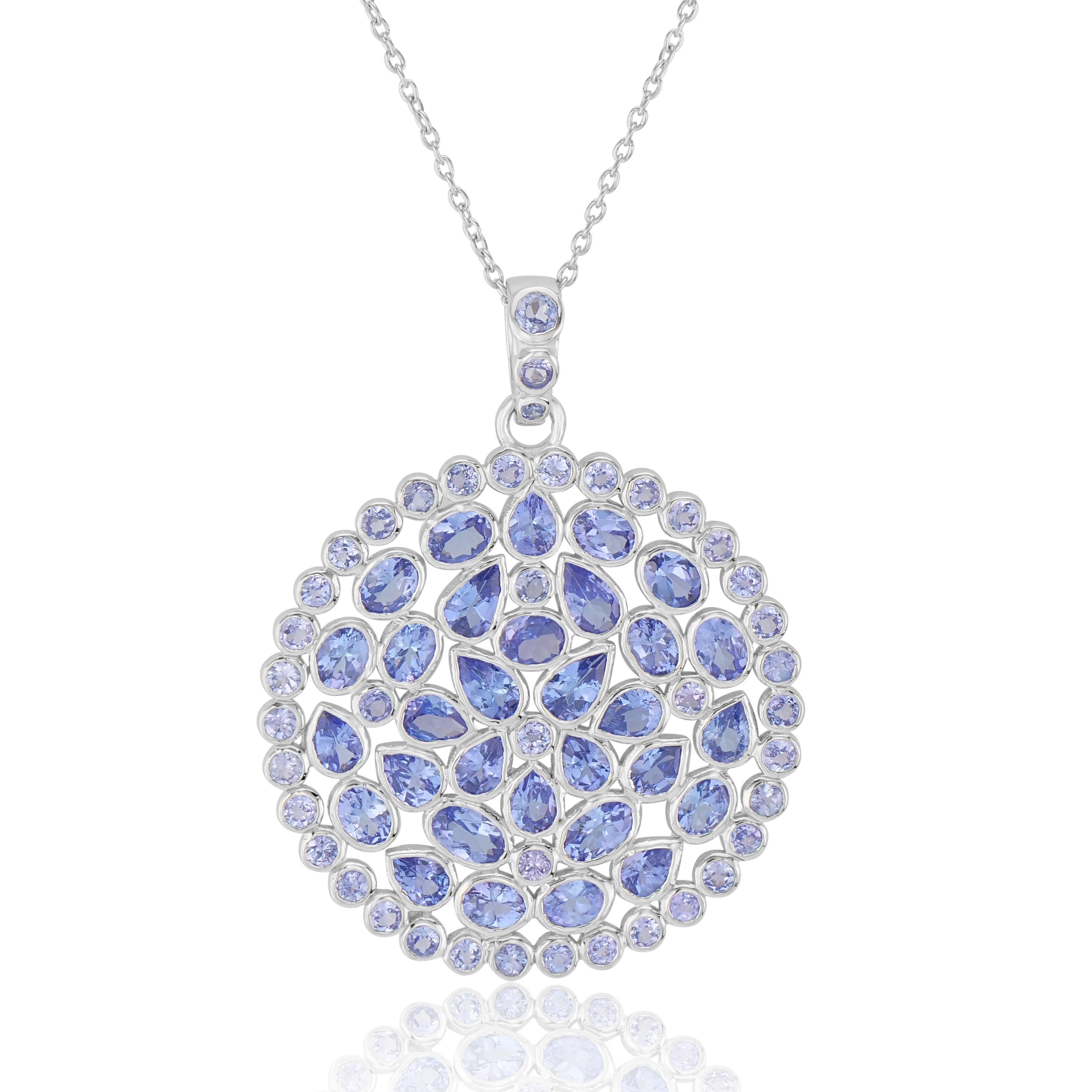 This stunning womens pendant necklace featured with 73 tanzanites in varied shapes and sizes along with 6 white topaz. Crafted in genuine and nickel free 925 sterling silver this pendant suspends from a cable chain.