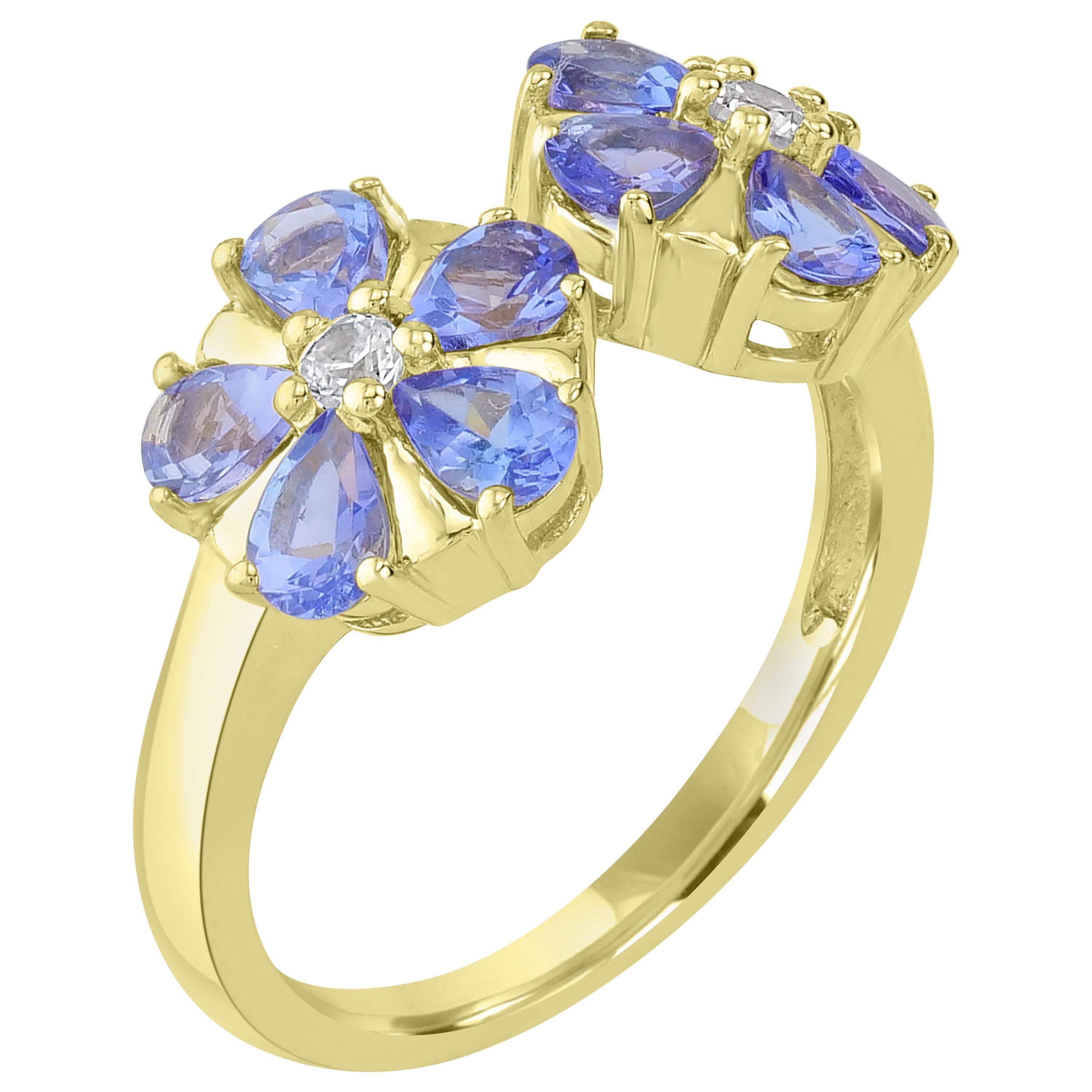 14K Gold-Plated Sterling Silver 3x4mm Pear Tanzanite Flower Cuff Ring