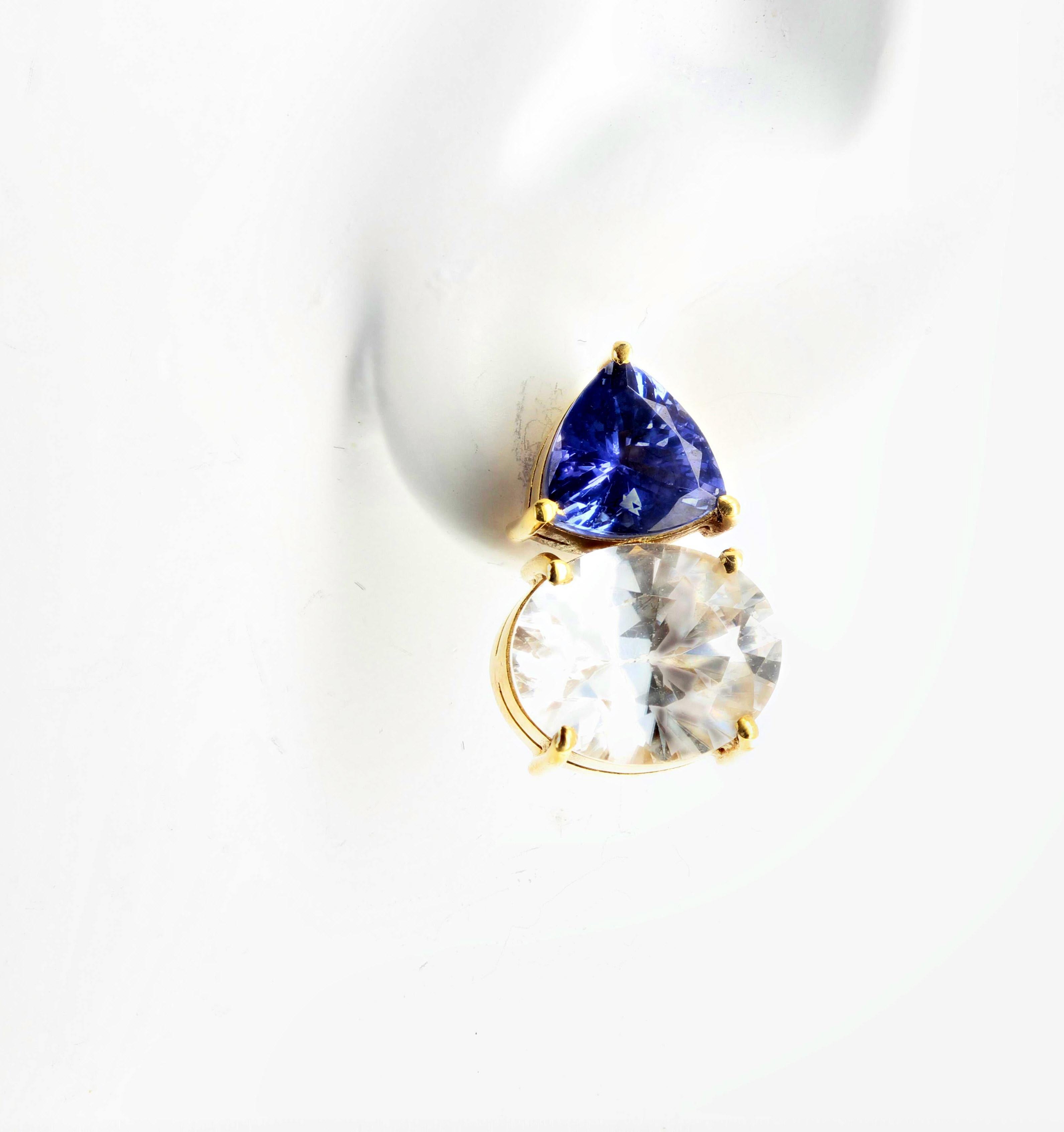 Mixed Cut AJD Glittering Tanzanite & Natural White Zircon 18 KT Gold Stud Earrings For Sale