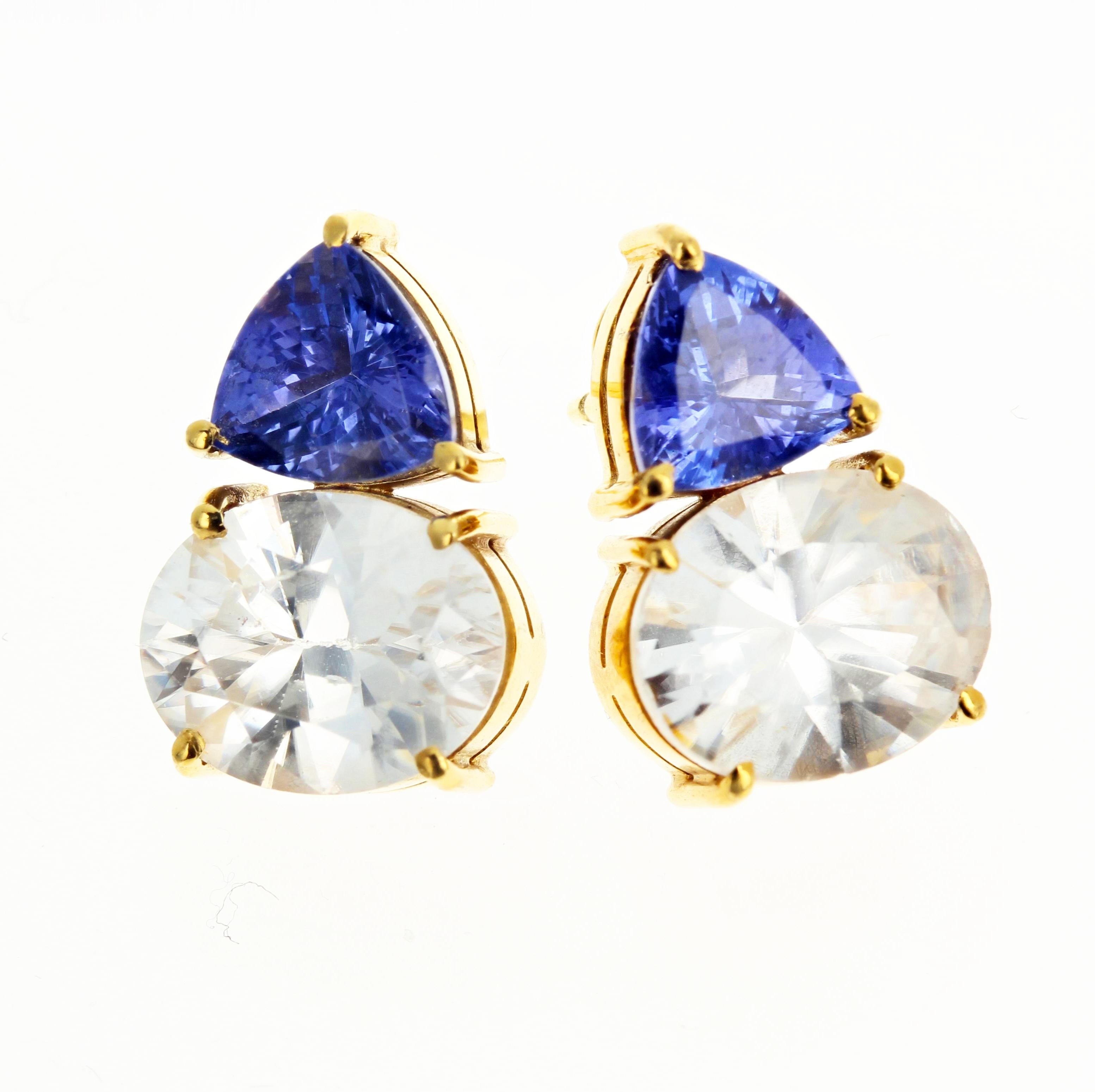 AJD Glittering Tanzanite & Natural White Zircon 18 KT Gold Stud Earrings In New Condition For Sale In Raleigh, NC