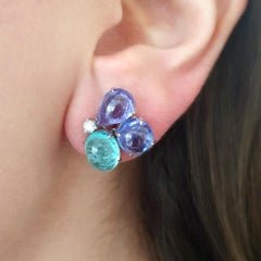 Tanzanite Aquamarine Cabochon Diamond Gold Earrings