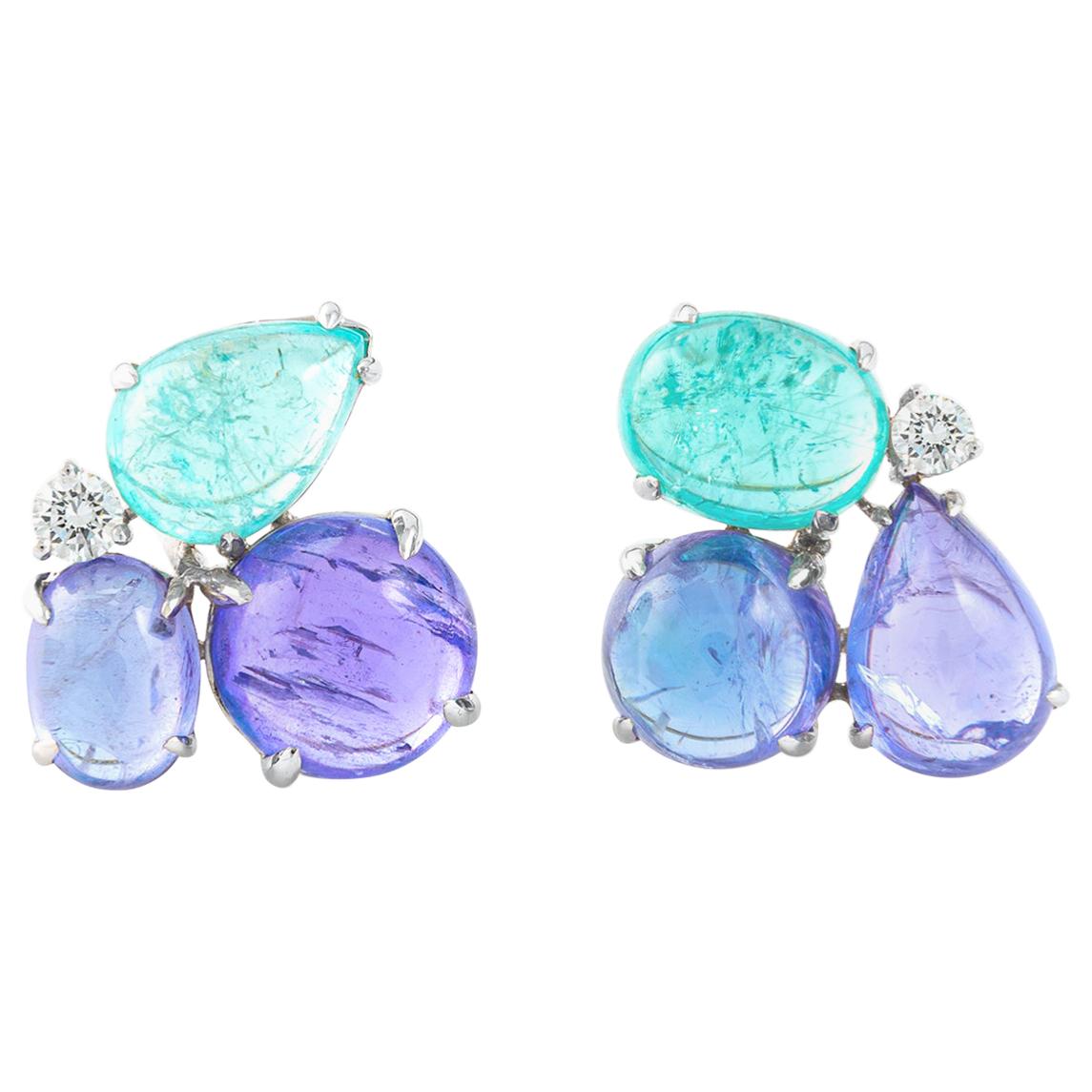 Tanzanite Aquamarine Cabochon Diamond Gold Earrings